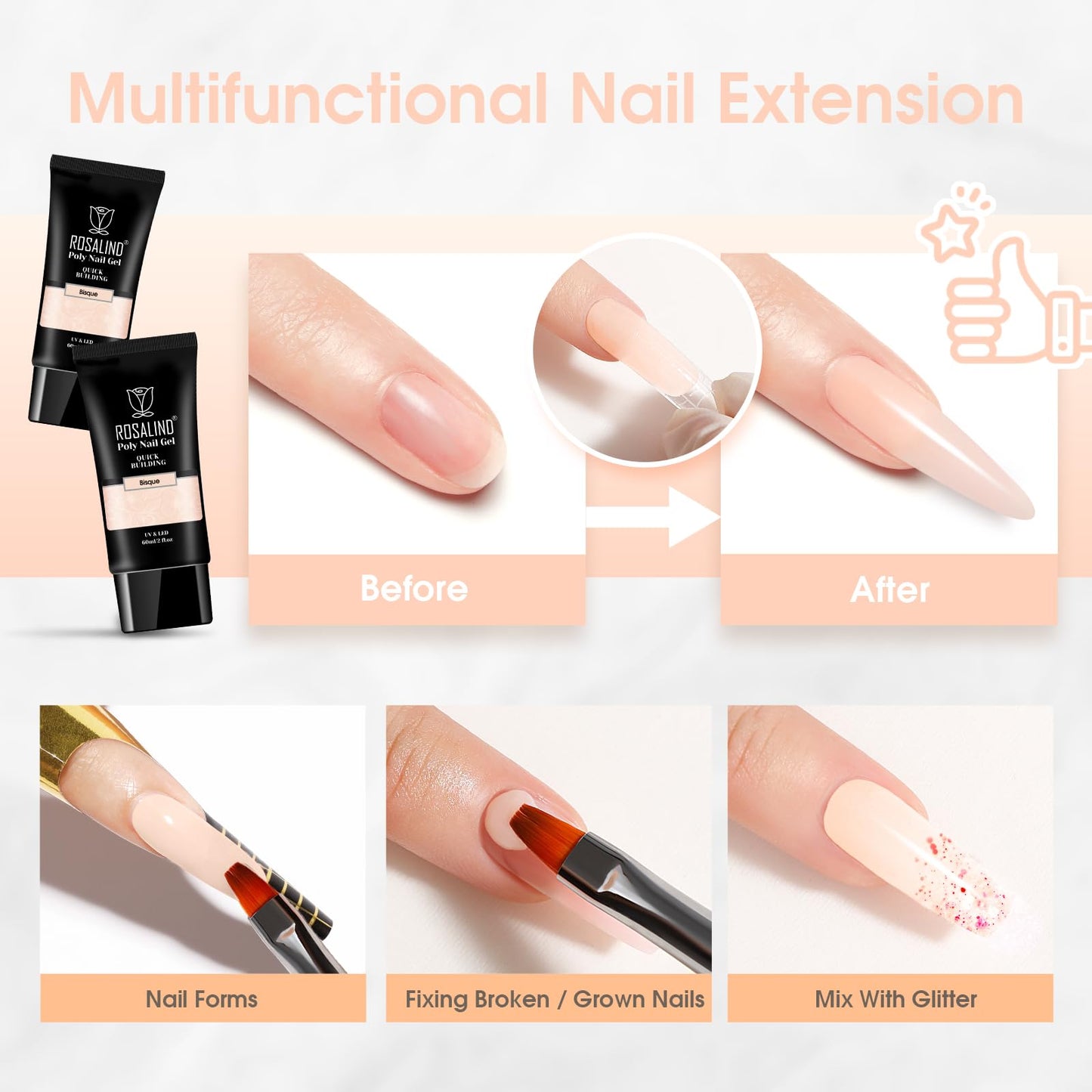 ROSALIND Nude Poly Extension Gel, 60ml Light Nude Poly Nial Gel Builder for Nail Art Decoration, Nude Nail Thickening Extension Easy to DIY Use at Home Need UV Lamp