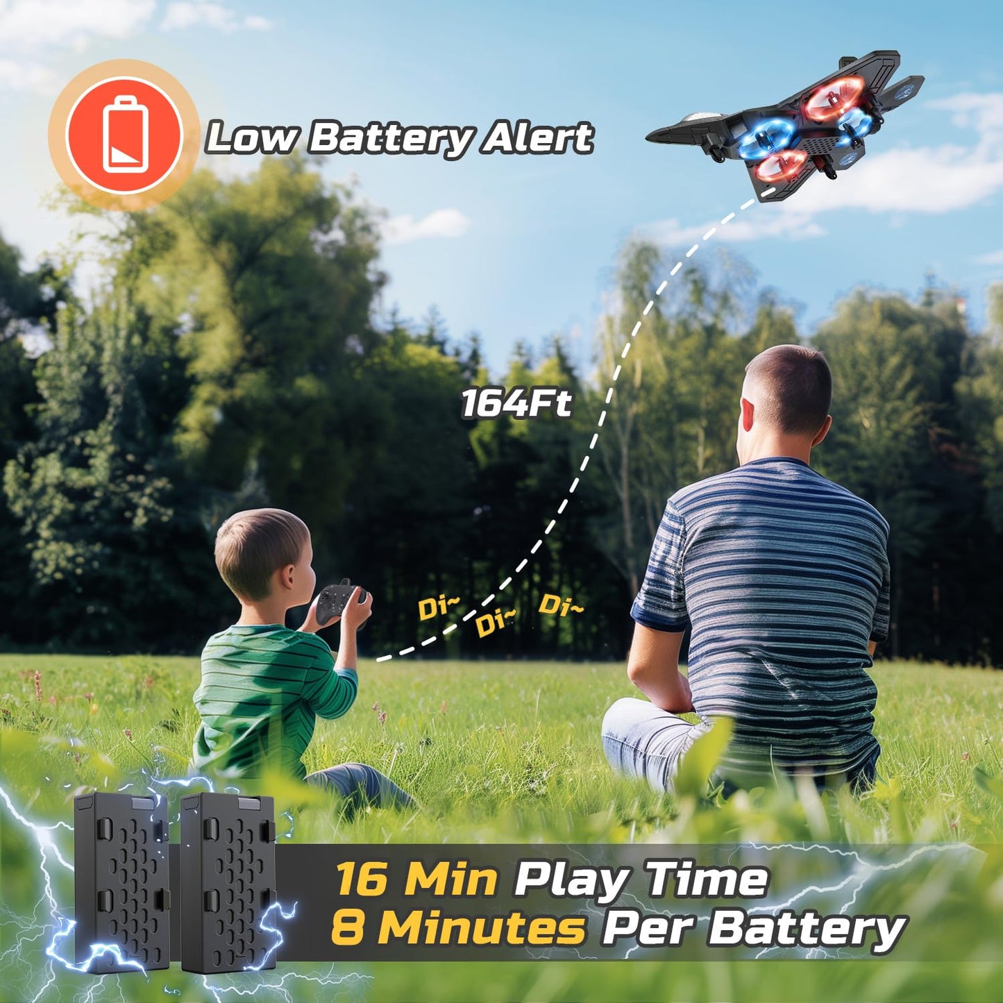 Foam Drone for Kids – RC Fighter Jet with Lights, Auto Hover, 360° Flip, 2 Batteries, Easy-to-Fly Remote Control Airplane Toy for Beginners (16 Mins Flight)