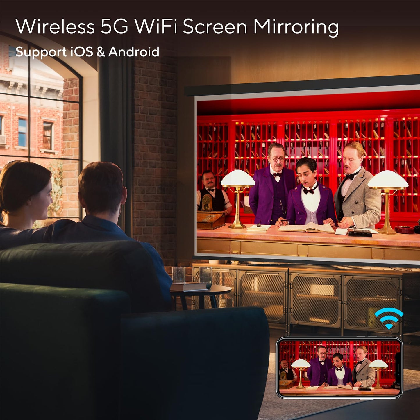 Mini Projector with WiFi and Bluetooth, AKIYO 1080P Supported Projector with Projector Stand, Portable Movie Projector for Home Theater/Outdoor, Compatible with iOS/Android/Laptop/TV Stick/HDMI/PS5