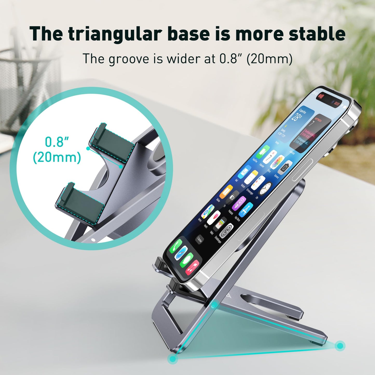 DeskLogics Portable Phone Stand for Desk, Aluminum Adjustable Cell Phone Holder, Foldable Travel Cellphone Dock Compatible with iPhone 15 14 13 Pro Max Mini, 12 11 XR 8 7 6 Plus SE (Grey)