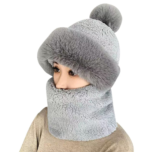 SUKIYAKI Womens Winter Fleece Warm Hat with Faux Fur Pom Cycling Windproof Scarf Hat Ski Cap, Scarf Hat Mask Integrated Hat (Gray)
