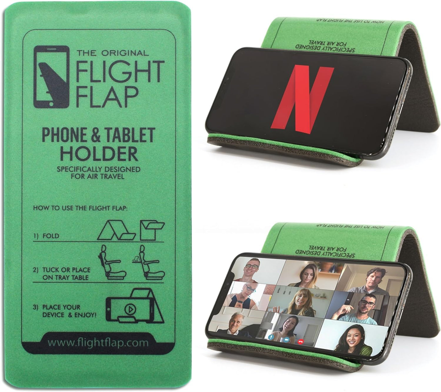 Flight Flap Airplane Phone Holder, Flexible Cell Phone Holder, Folding Cellphone Stand for Desk, Bed, Office, Treadmill - Airplane Accessories Long Flight Travel - Plane Essentials (Original Green)
