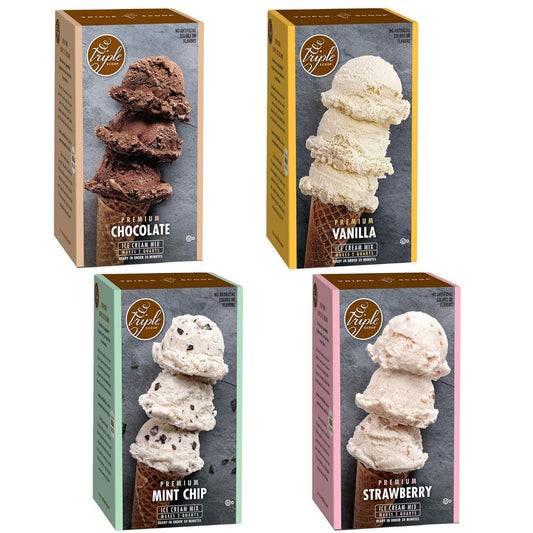 Triple Scoop - Variety Pack (4) Ice Cream Mix, Mix For Ice Cream Maker. Simple, Easy, Delicious. From Gourmet Mix To Maker in 5 Minutes. Made in USA (Vanilla, Chocolate, Strawberry, Mint Choc Chip)