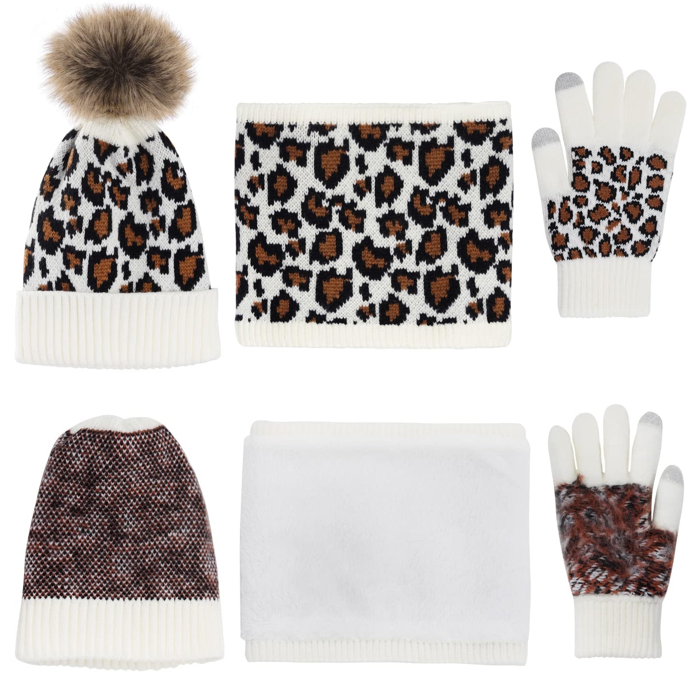 3 Pcs Leopard Print Winter Hat Gloves Scraf with Knit Plush Lined Set for Women and Teenagers