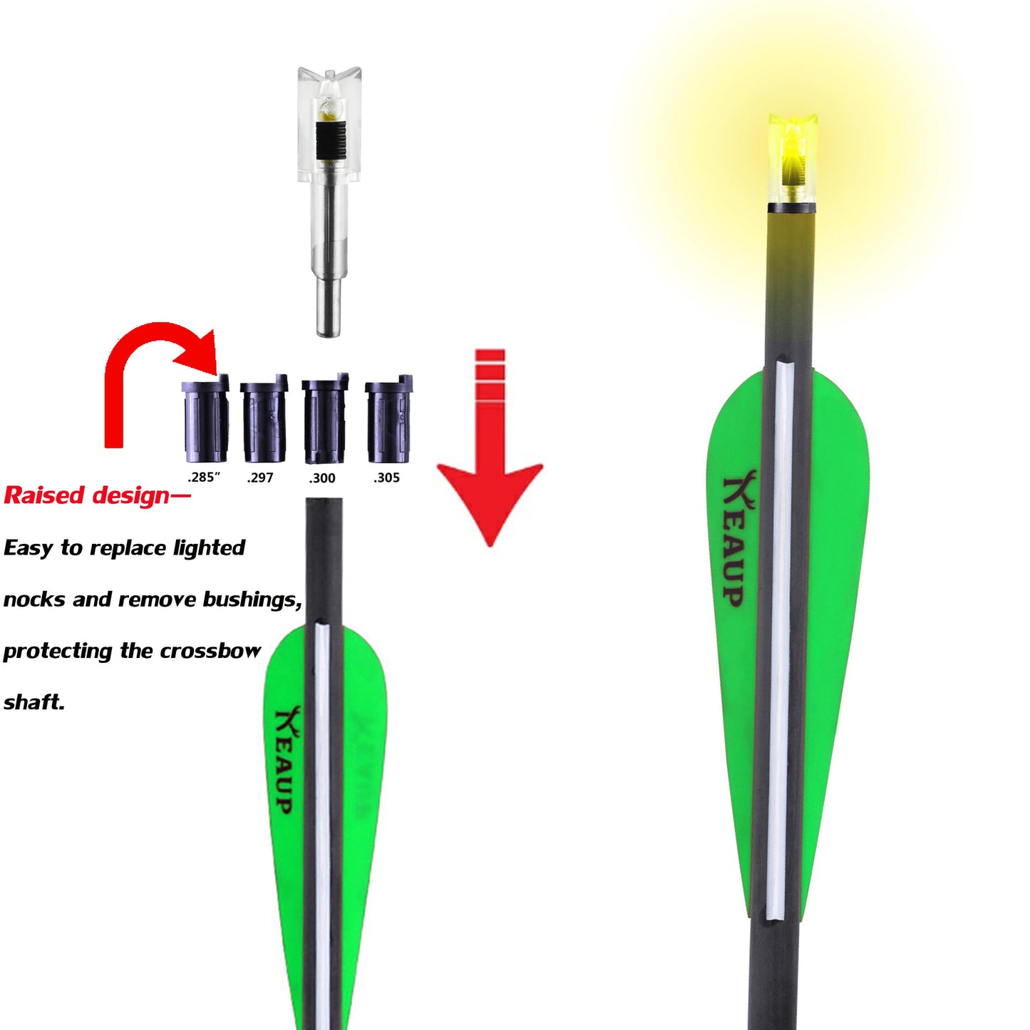 KEAUP 6/3 Pack Lighted Nocks for Crossbow Bolts with .285”/.297”/.300”/.305” Bushings High-Visibility Crossbow Lighted Nocks, On/Off Switch Included