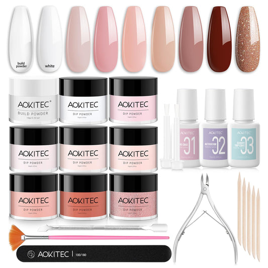 Aokitec Dip Powder Nail Kit Starter with Dip Build Powder, White Nude Pink Brown Giltter 8＋1 Colors Dipping Powder Liquid Set with Base/top Gel Activator for Nail Manicure Salon Gift