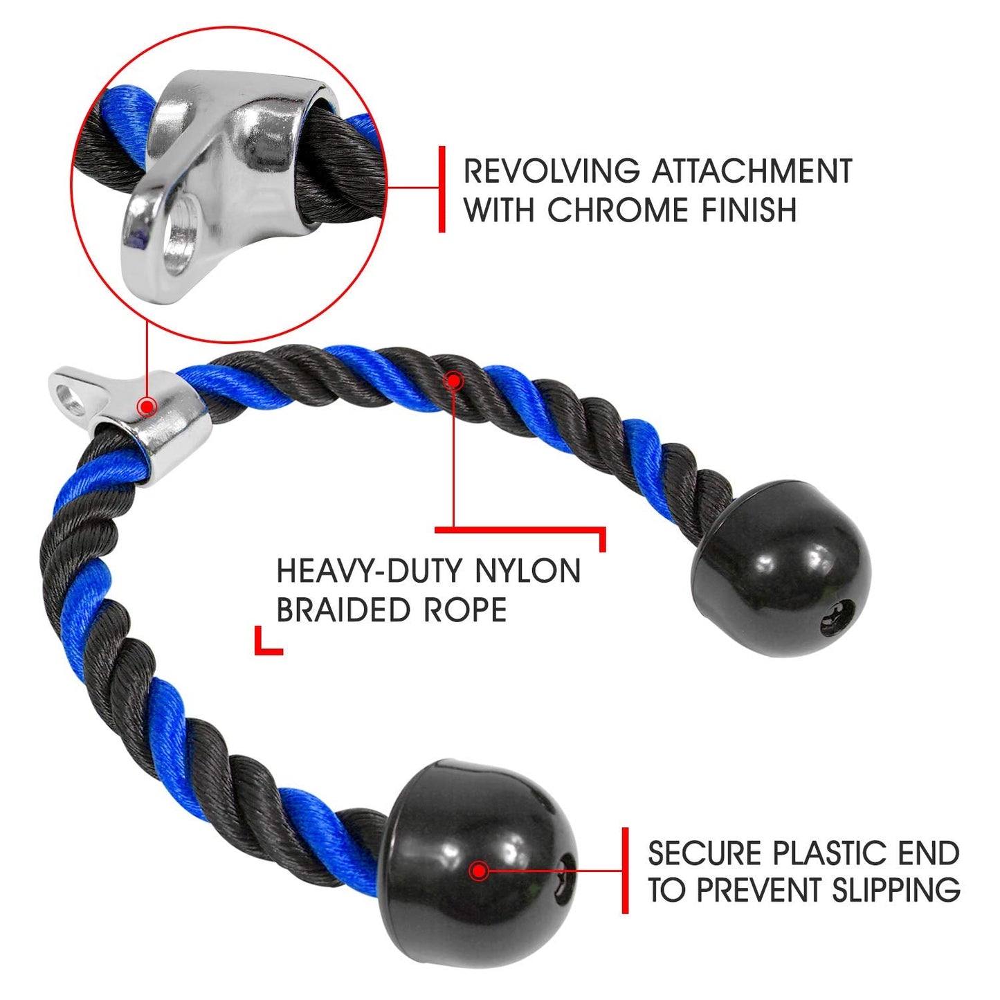 Yes4All Deluxe Blue Black Tricep Rope 36 Inches Black Cable Attachment, Pulley System Gym Pull Down Rope with Carabiner, Exercise Machine Attachment