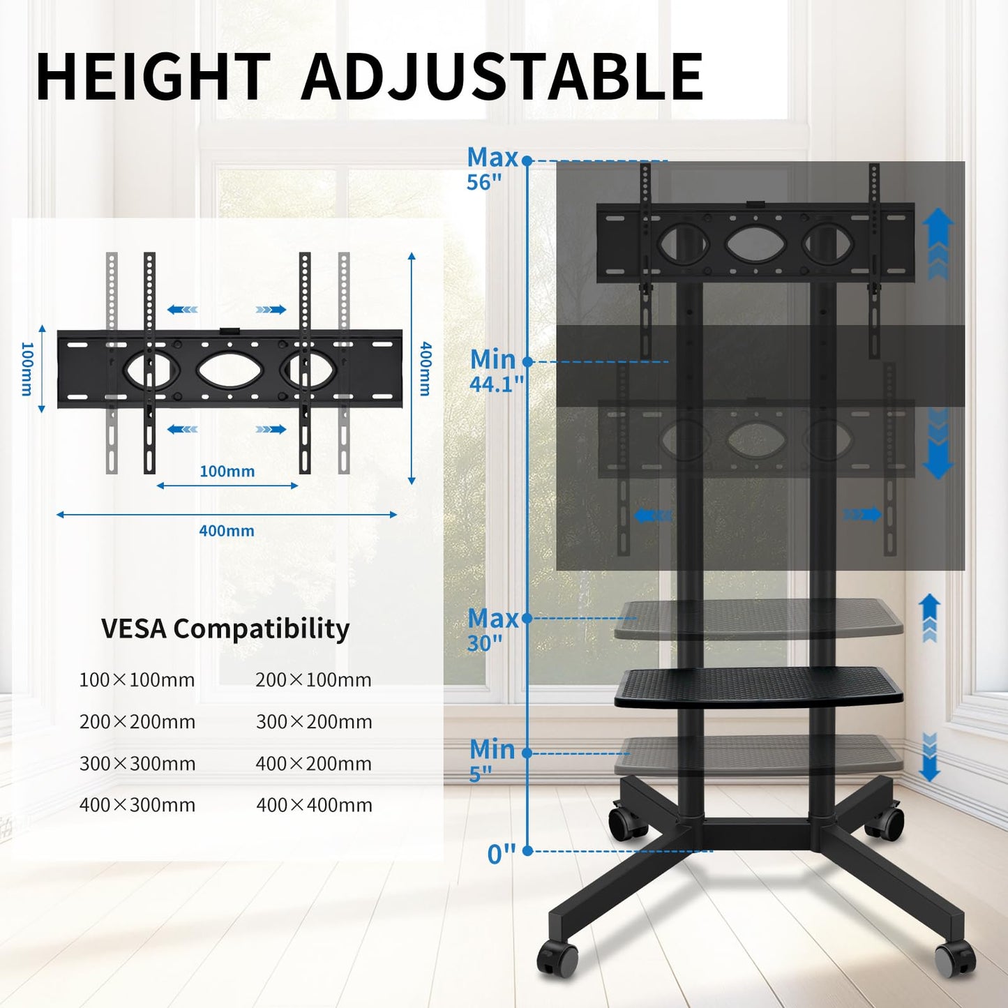 Rolling TV Stand with Wheels for 32-75 Inch TVs up to 88lbs, Portable TV Stand with Shelf, Mobile TV Cart for Living Room, Office, Meeting Room, Outdoor