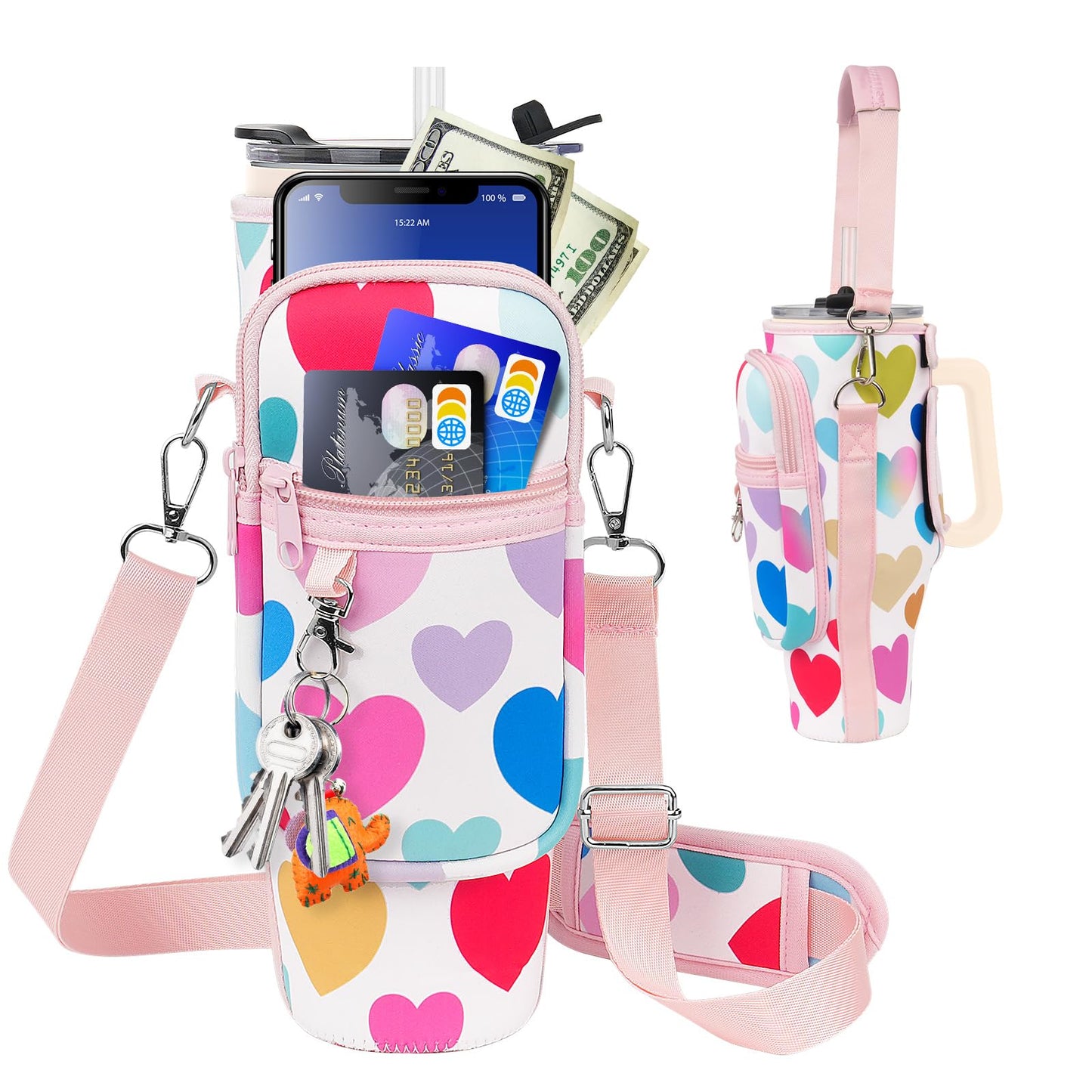 Water Bottle Carrier Bag with Phone Pocket Compatible with Stanley/Meoky 40 oz Tumbler with Handle,Neoprene Water Bottle Holder Pouch with Adjustable Strap Compatible with Stanley Cup Accessories