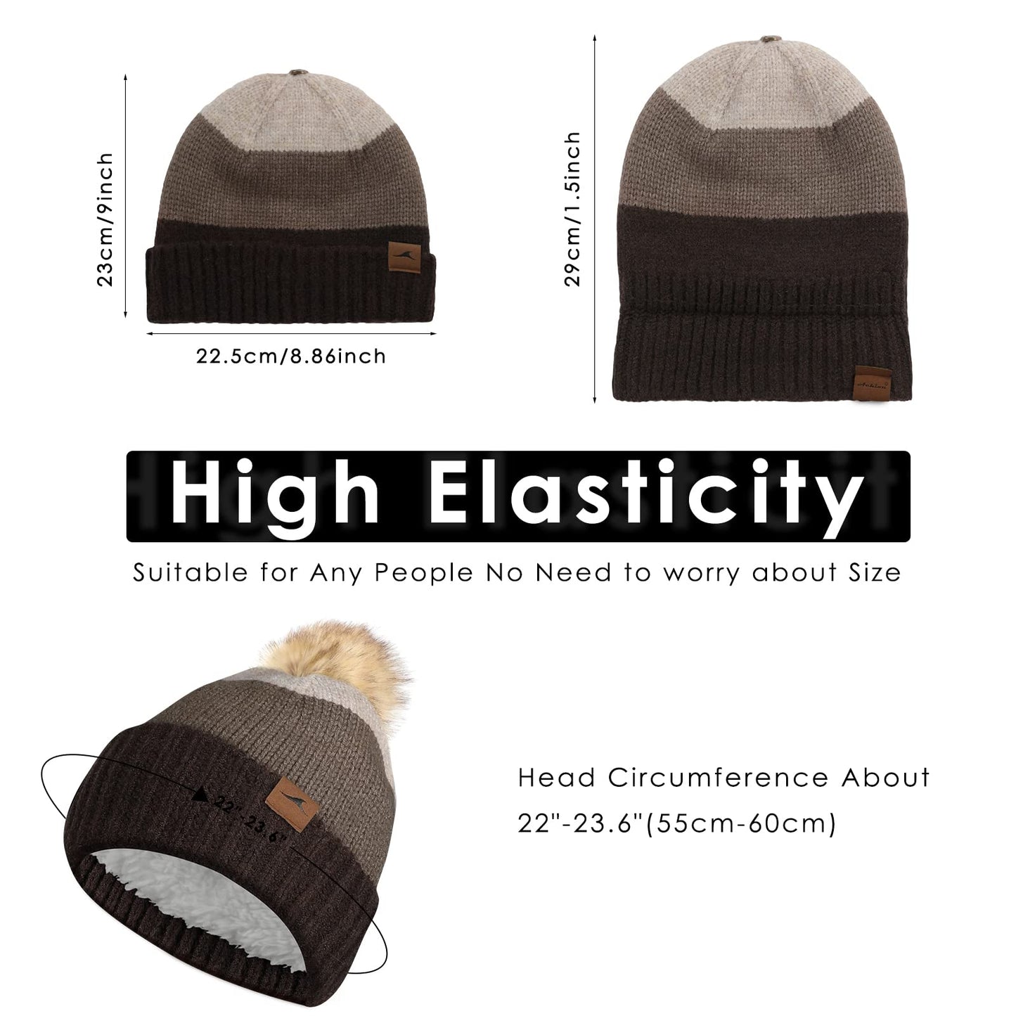 Achiou Winter Women Beanie Hat, Warm Cable Knit Beanies for Women, 3 Color Knitted Hat Skull Cap Faux Fur Pom Fleece Lined Brown