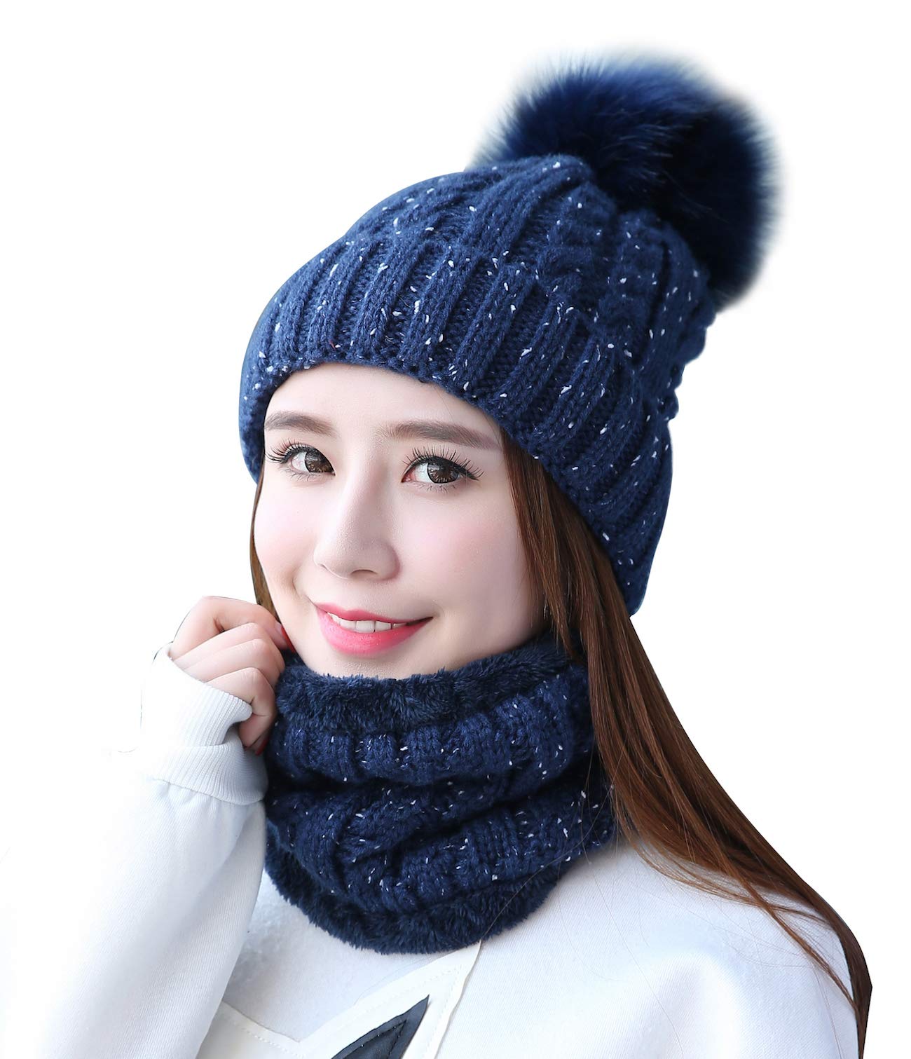 Home Prefer Womens Winter Beanie Hat Scarf Set Warm Fuzzy Knit Hat Neck Scarves (B-Navy Blue)