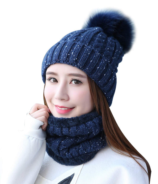 Home Prefer Womens Winter Beanie Hat Scarf Set Warm Fuzzy Knit Hat Neck Scarves (B-Navy Blue)