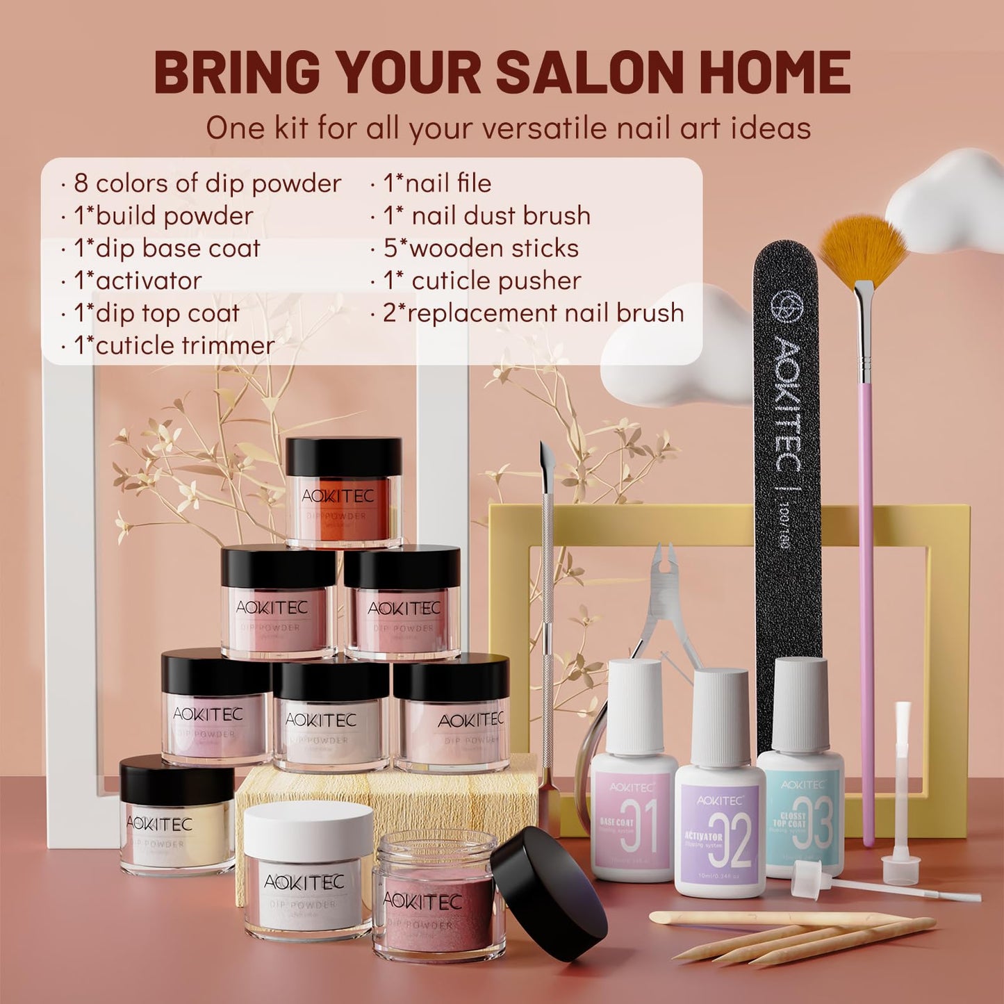 Aokitec Dip Powder Nail Kit Starter with Dip Build Powder, White Nude Pink Brown Giltter 8＋1 Colors Dipping Powder Liquid Set with Base/top Gel Activator for Nail Manicure Salon Gift