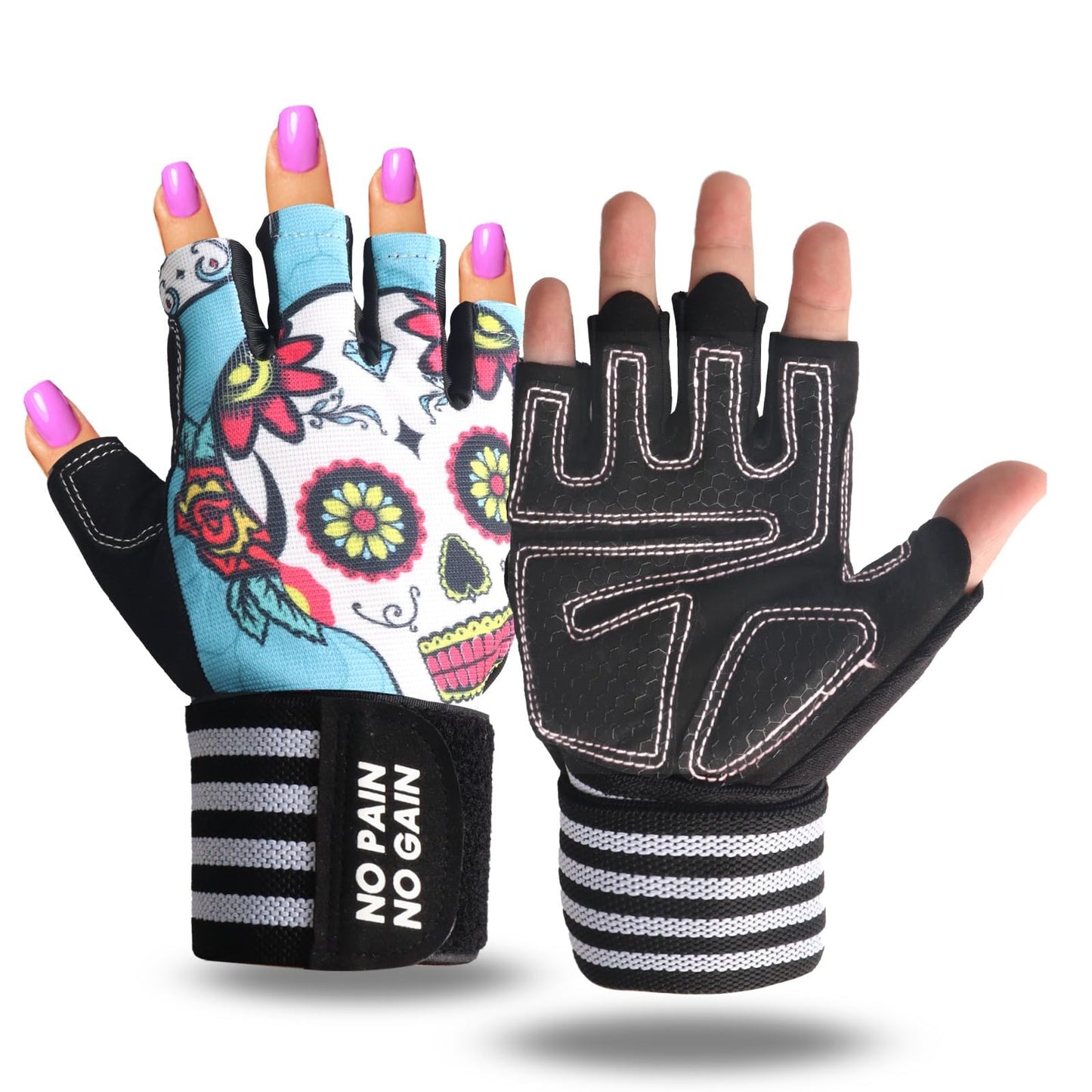 Weight Lifting Gloves for Women Gym Workout with Wrist Support,Padded Half Finger Gloves for Fitness Exercise (Blue&Bones, X-Small)