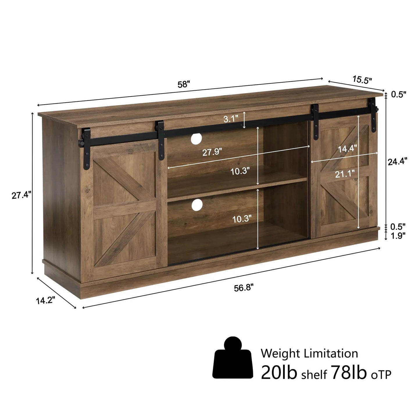 SANODESK 58" Farmhouse TV Stand and Entertainment Center for Televisions up to 65 Inchs,with Sliding Barn Doors and Storage Cabinets,Natural Brown