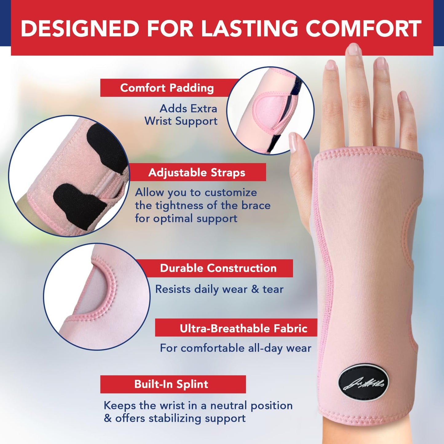 Doctor Developed Premium Carpal Tunnel Night Wrist Brace & Support [Single] (with Splint) & Doctor Written Handbook - Fully Adjustable with Comfort Padding & Shaping (Pink)