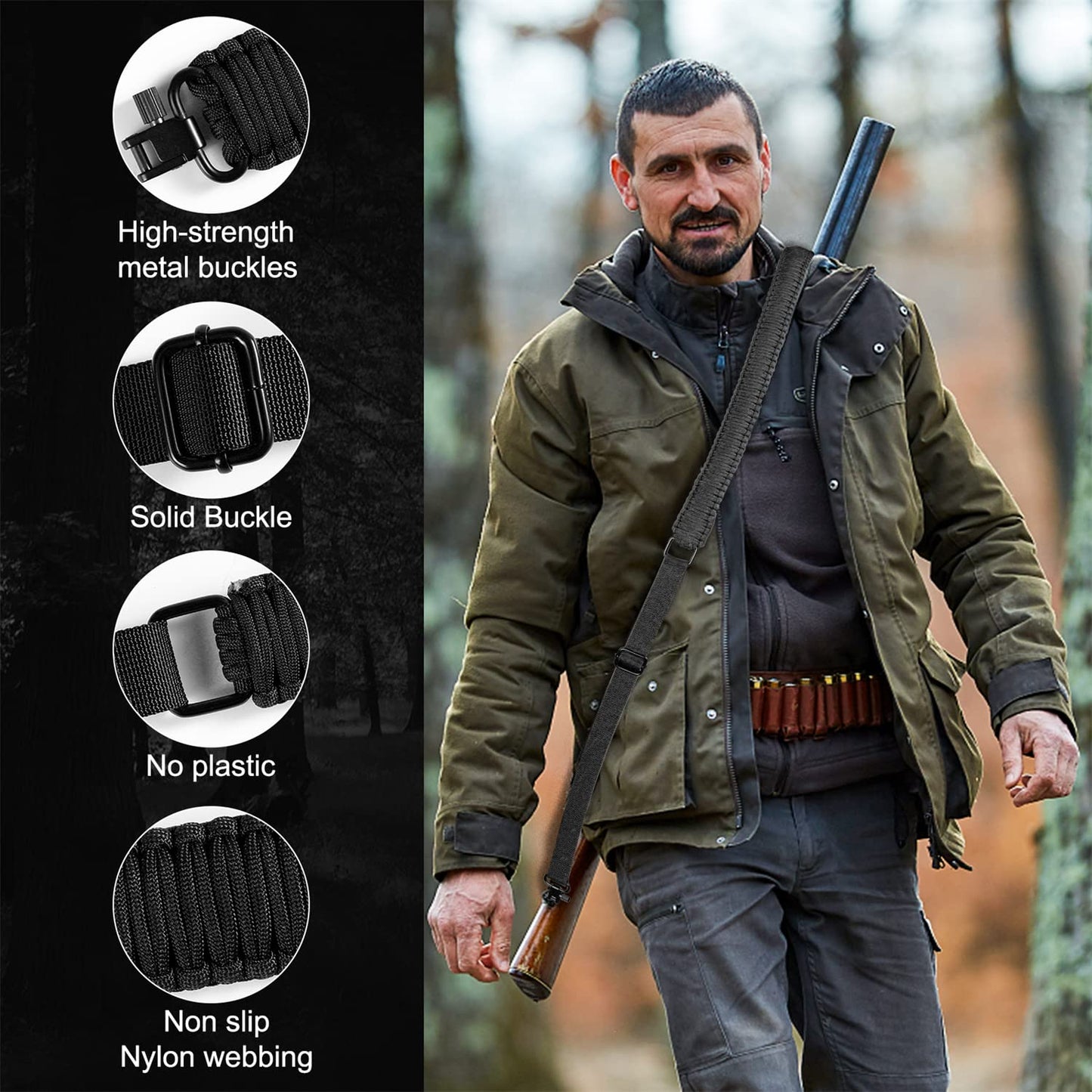 VVAAGG Two-Point Paracord Rifle Sling with Swivels, Non-Slip Paracord Sling Quick Adjustable Length Shotgun Strap for Hunting