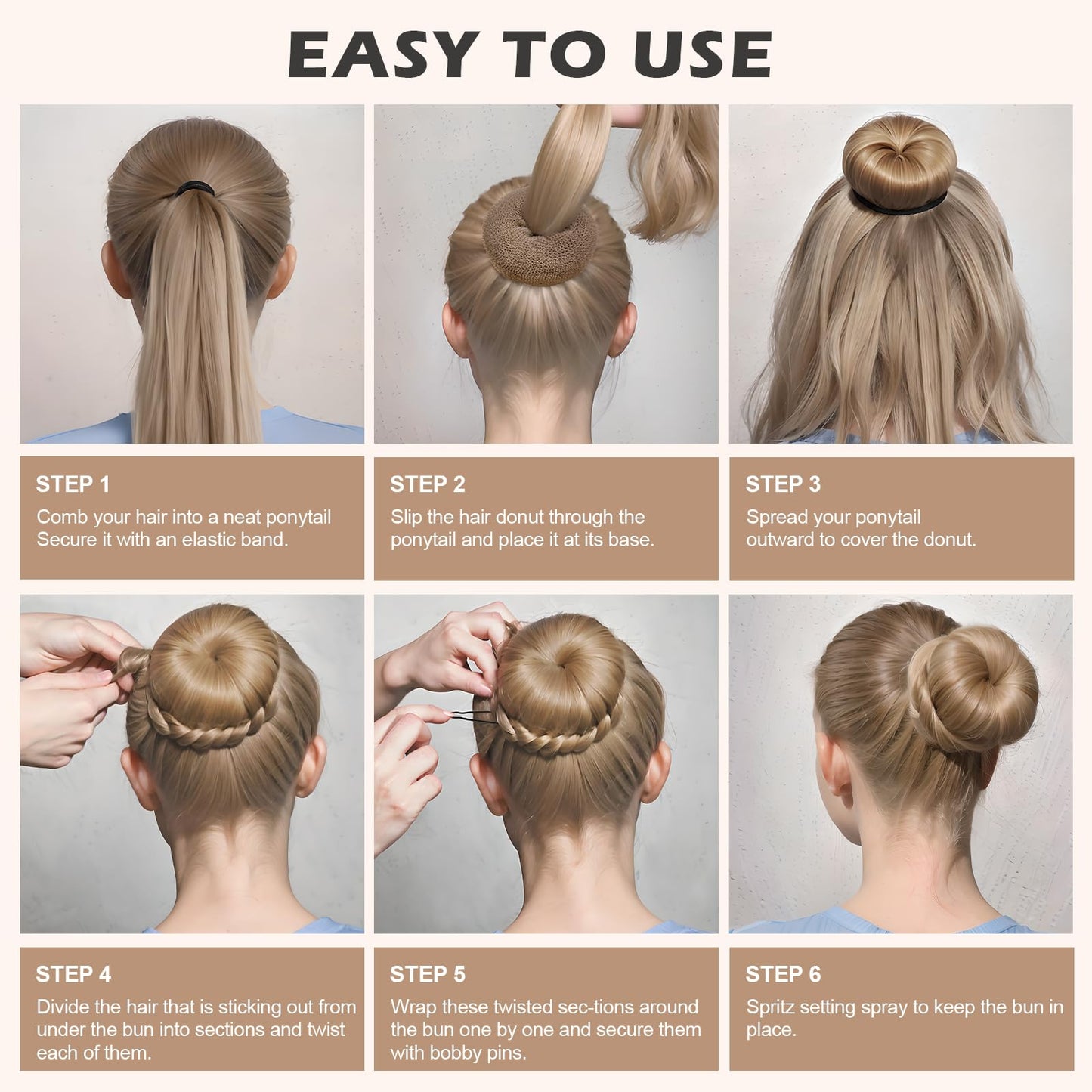 Teenitor Donut Hair Bun Maker 7 Pieces, Bun Maker Set with Hair Bun Makers (1 extra-large, 2 large, 2 medium and 2 small), 5 pieces Hair Elastic Bands, 20 pieces Hair Pins, Tan Color