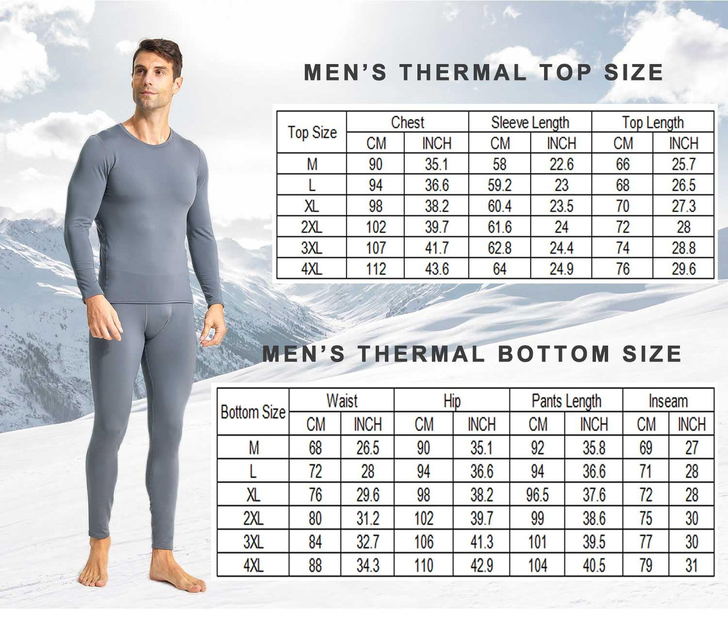 YUSHOW Mens Thermal Underwear Set, Long Johns for Men With Fleece Lined Base Layer Set Cold Weather Winter Top & Bottom Grey