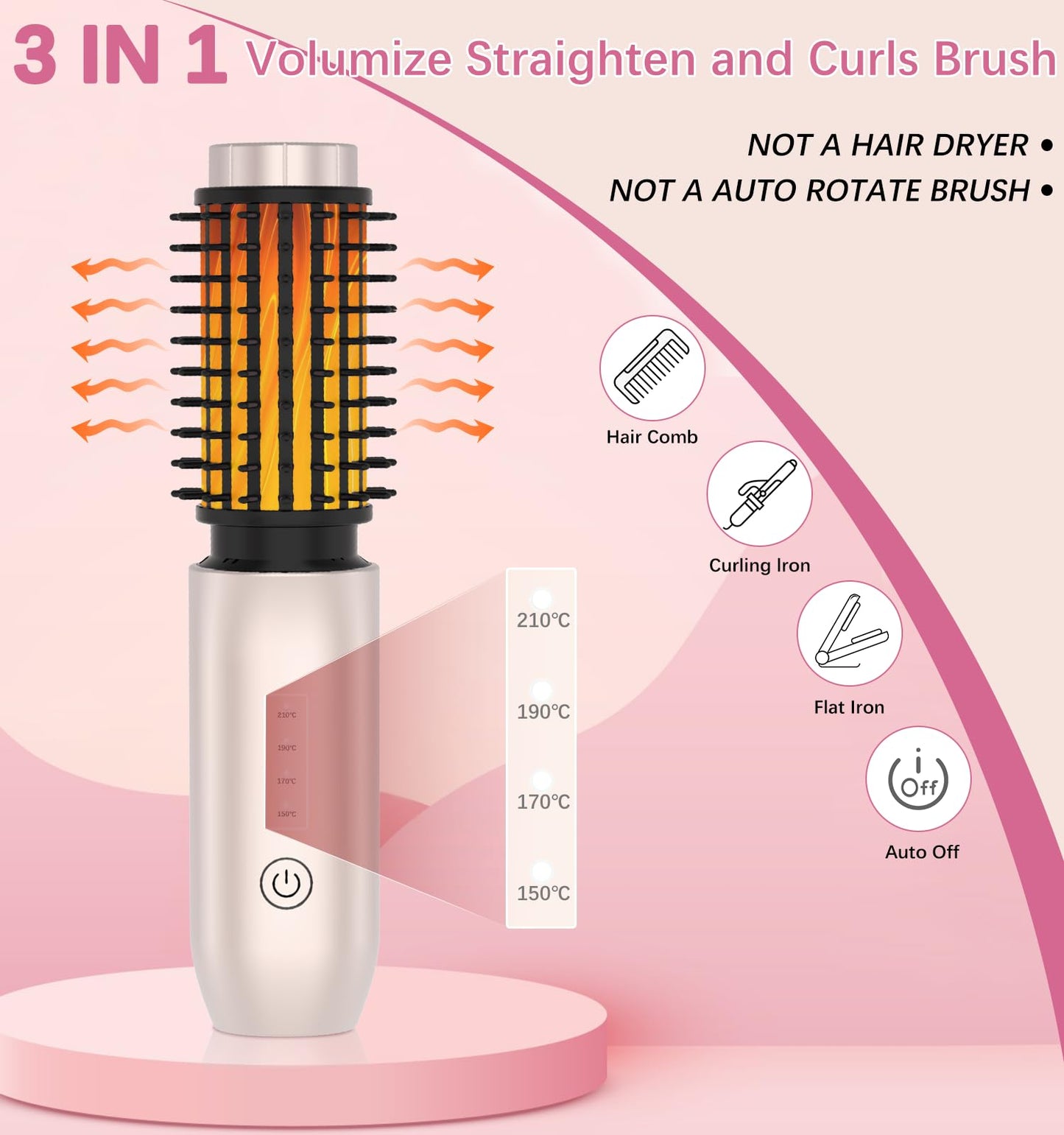 Cordless Hair Curling Iron Brush, Travel Hot Straightener Comb Curl Brush, 3-in-1 Portable Curling Iron Cordless Wand, USB Rechargeable Curling Wand-Blush(Gold)