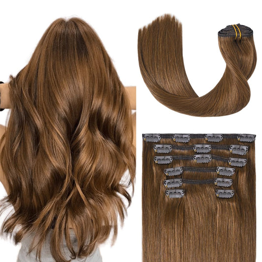 UGOTRAYS Light Brown Hair Extensions Clip in Human Hair 12 Inch 70g 7pcs Remy Hair Silky Straight 16clips One Pack for Women #6 Chestnut Brown Hair Extensions