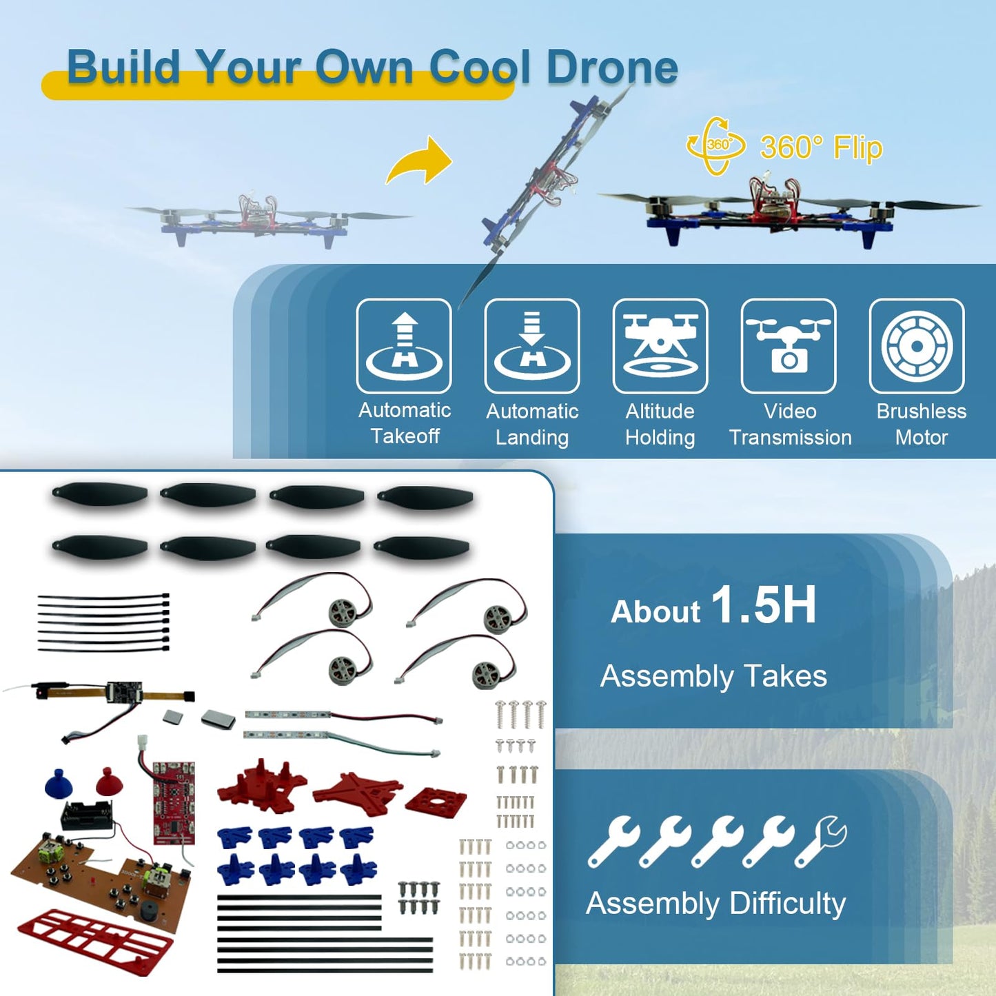 Quadrotor Drone DIY Kit: A Unique STEM Project with Brushless Motor, Optical Flow Hovering, One-Click Takeoff and Landing, and 360° Flip for DIY Enthusiasts to Learn Drone Basics