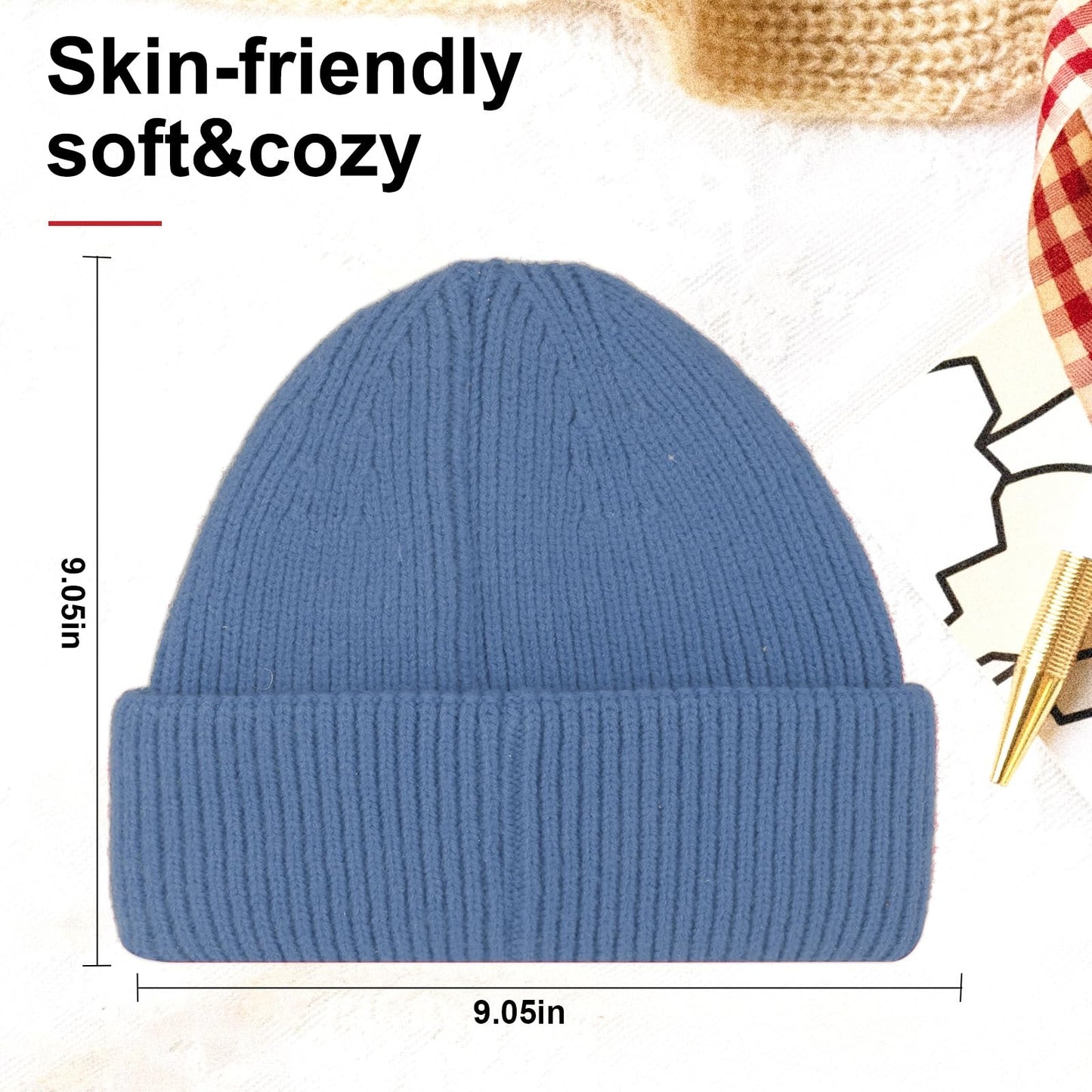 Three Layers of Cuffs Knit Blue Beanie Hats for Women Man Warm Winter Beanie Hat Women Hat Ski Hat Cap (Blue)