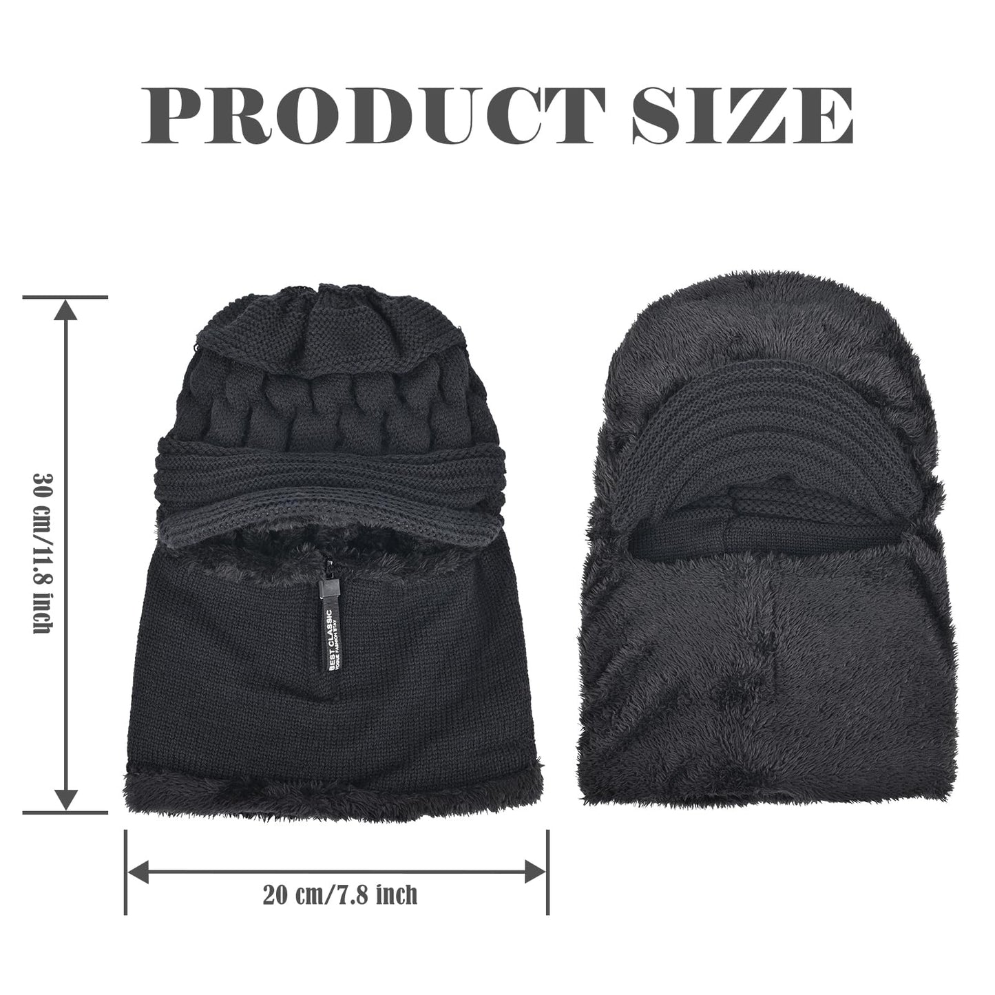 Yonchic Fleece Lined Beanie Hat, Elastic Soft Ear Protection Knitted Scarf Mask Hat with Zipper, Face Neck Warmer Set for Women (Black)