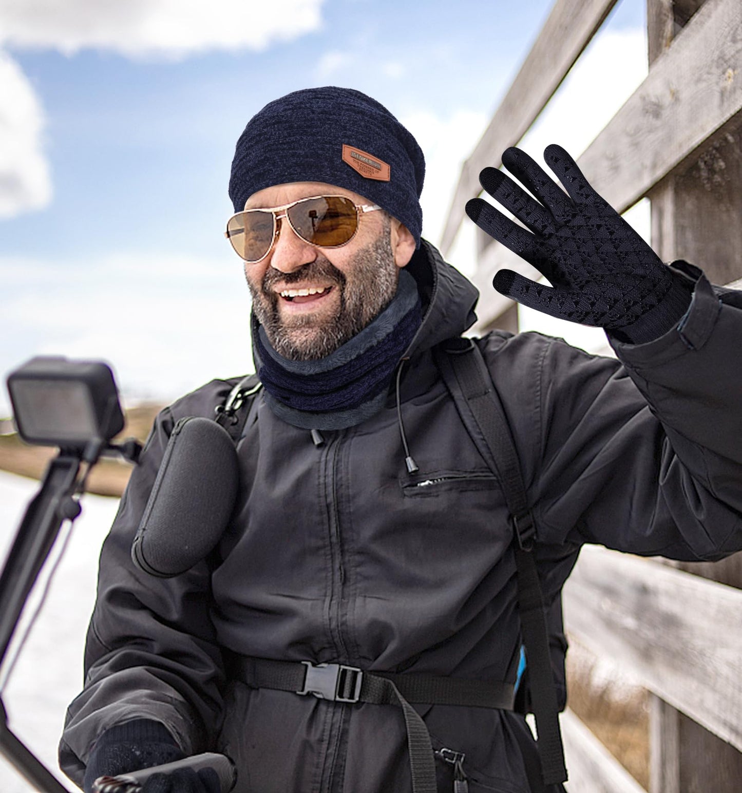 3 Pieces Winter Hat Scarf and Gloves Set for Men and Women, Knit Slouchy Beanie Cap Neck Warmer Screen - Touch Texting Gloves Navy