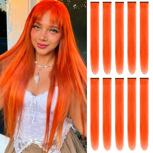 TOFAFA 22 inch Colored Hair Extensions, Multi-colors Party Highlights Clip in Synthetic Hairpiece for Halloween Girl Women Kids Party Gift(10 PCS Orange)