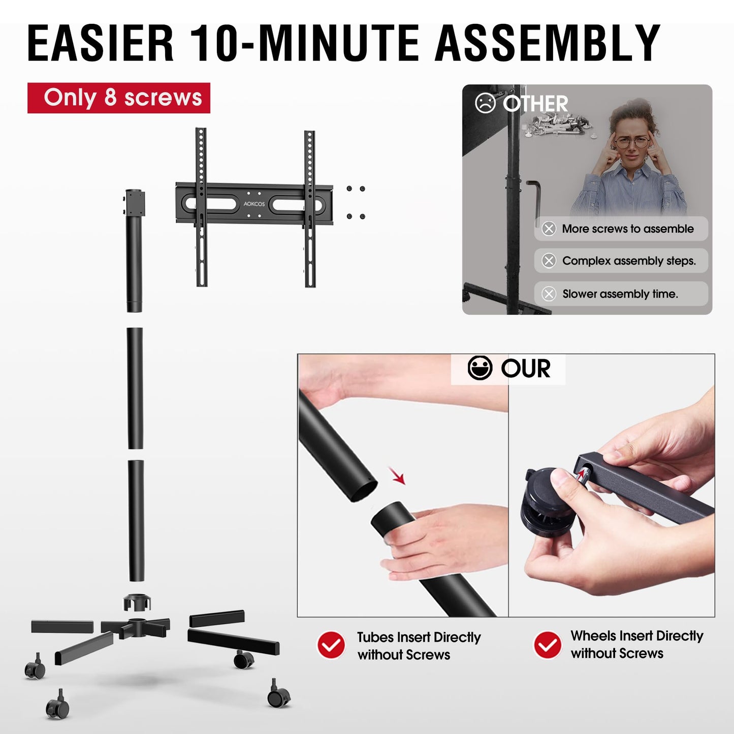 AOKCOS TV Cart Rolling TV Stand - Mobile TV Stand for 32-65 inch Flat/Curved TVs Holds up to 88 Lbs, Portable TV on Wheels with Tilting for Living Room, Bedroom, Office, Max VESA 400x400mm