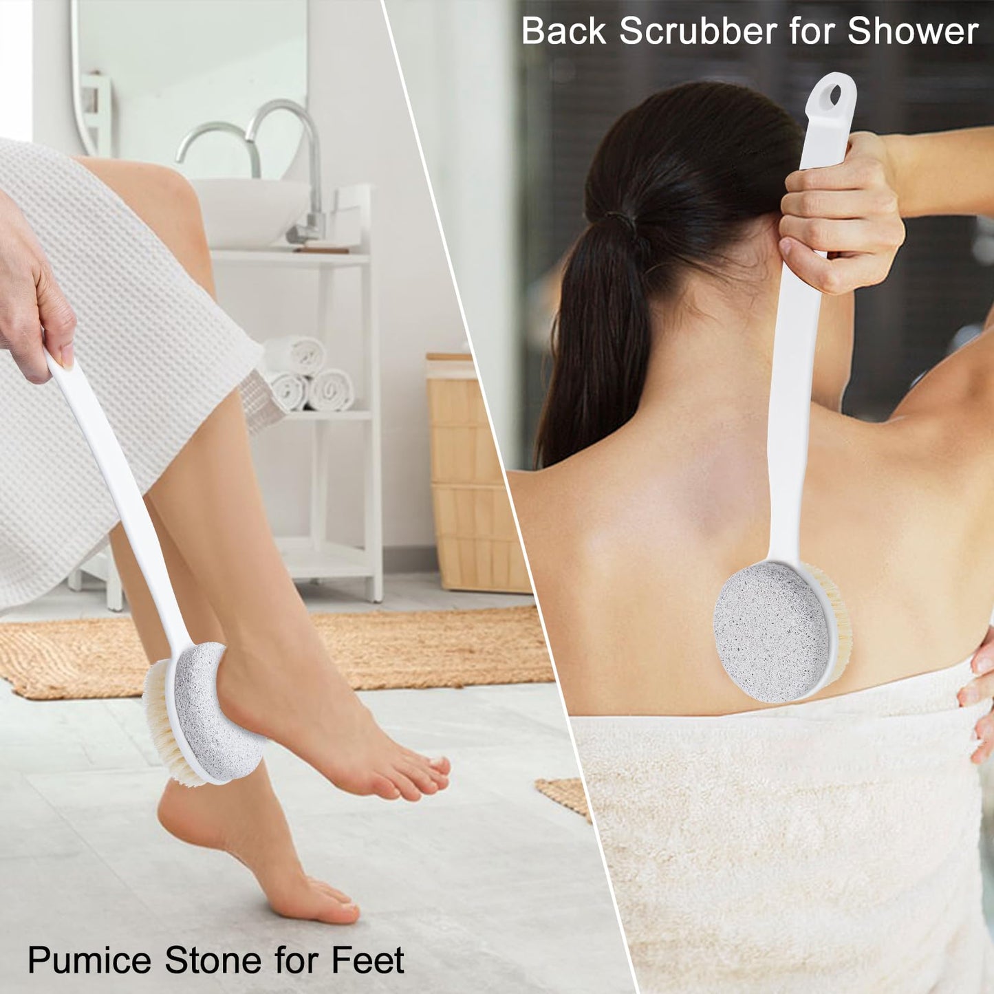 Beomeen Pumice Stone and Shower Brush with Long Handle, 2 Pack Hard Skin Callus Remover, 2 in 1 Foot Scrubber, Back Scrubber for Shower Deep Cleansing and Exfoliating, Dry Brushing Body Brush (Curved)