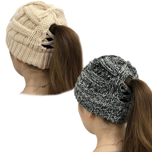 PHOGARY 2 Pack Ponytail Hats for Women Criss Cross Winter High Messy Bun Beanie Hat with Ponytail Hole (Colorful Black & Rice)