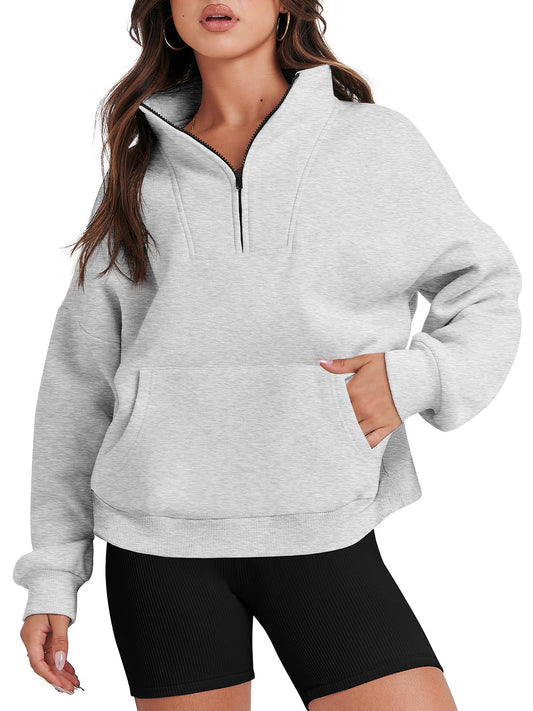 ANRABESS Womens Half Zip Sweatshirts Oversized Crop Pullover 2024 Winter Y2K Fleece Hoodie Sweater Teen Girls Fall Clothes Light Gray Large