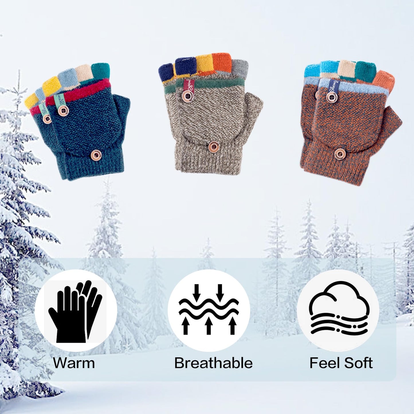 Kids Winter Gloves, Warm Knitted Convertible Fingerless Gloves for Baby Boy Girl with Mittens Cover Cap