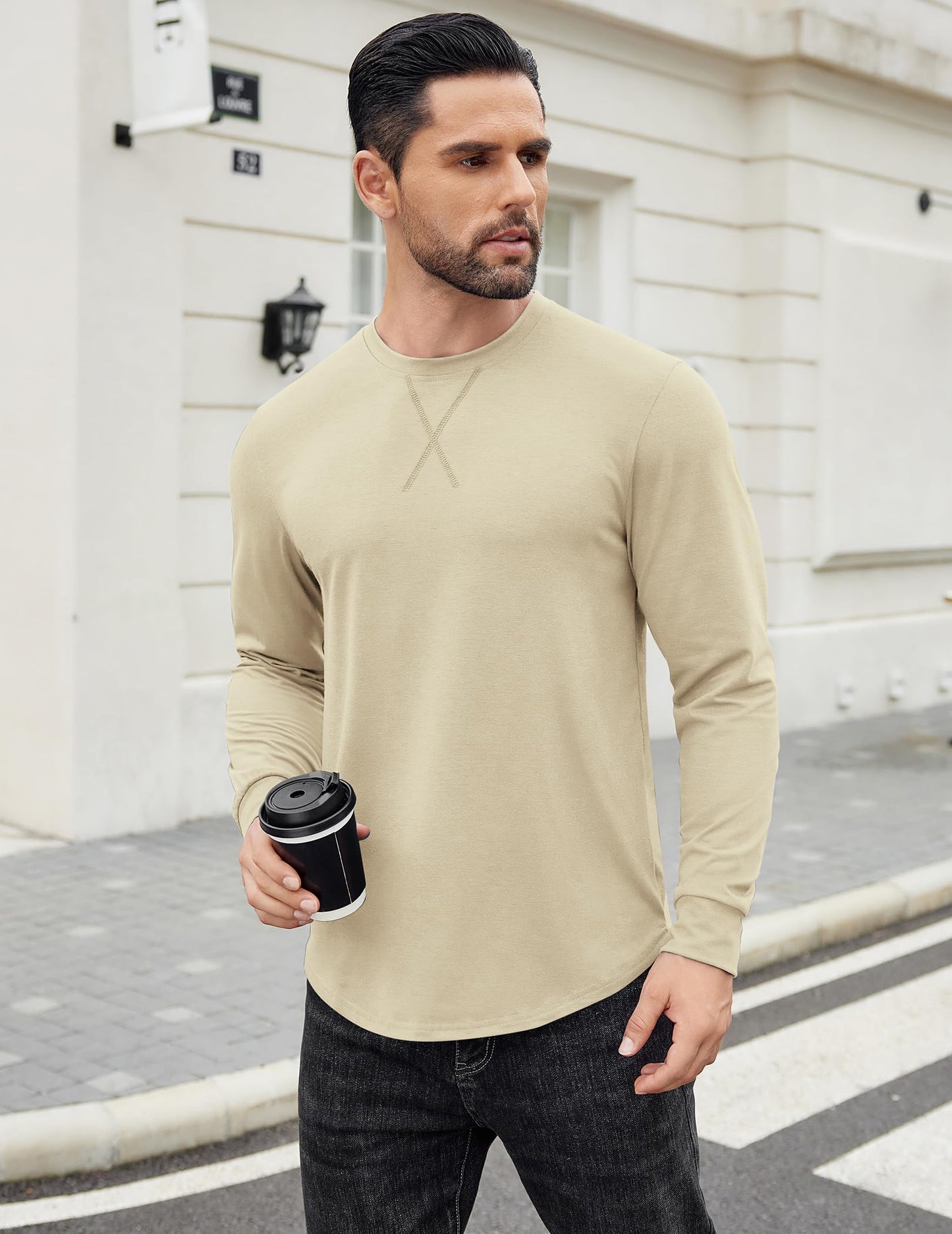 COOFANDY Mens Long Sleeve T Shirts 2 Pack Curved Hem Muscle Tees Cotton Crew Neck Basic Tops Fitness Drop Cut Hipster Shirt 2024 Winter Fashion Casual Shirt