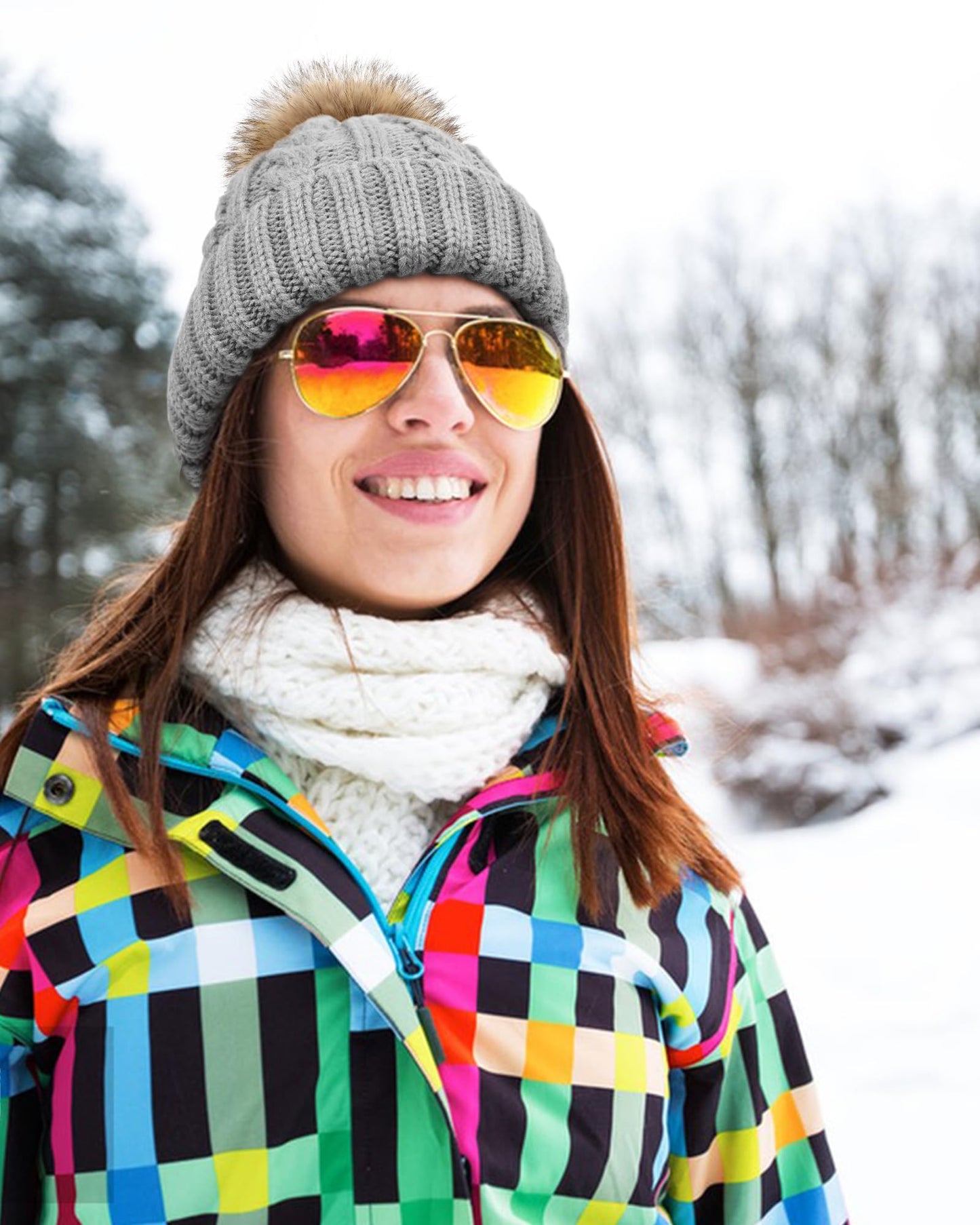 Camptrace Winter Hats for Women Chunky Knit Beanie Hat Trendy Cute Warm Skull Ski Cap Pom Pom Beanie Dark Beige