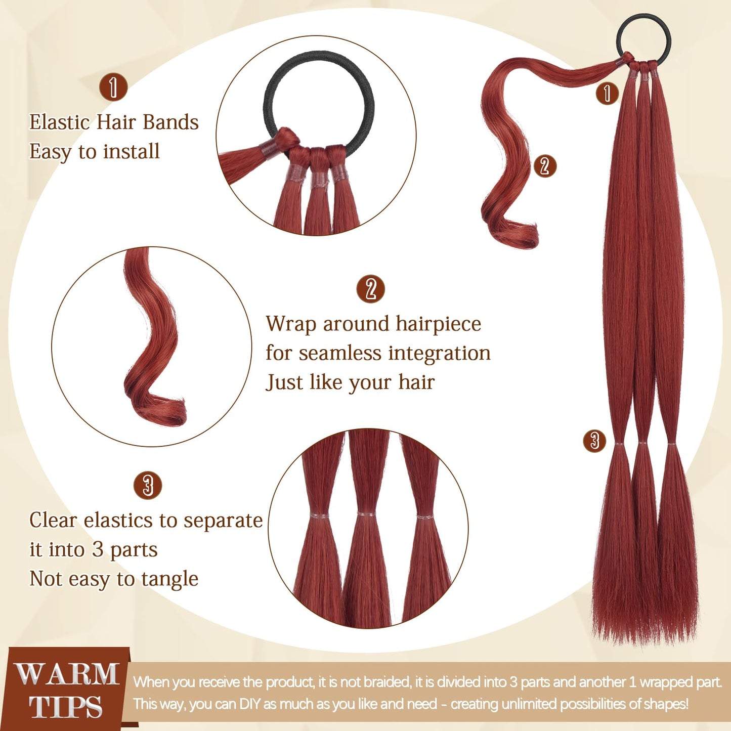 SOFEIYAN Long Braid Ponytail Extension with Hair Tie Straight Sleek Wrap Around Hair Extensions Braid Pony Tail Fluffy Natural Soft Synthetic Hairpieces for Women Daily Wear, 26 inch-Red