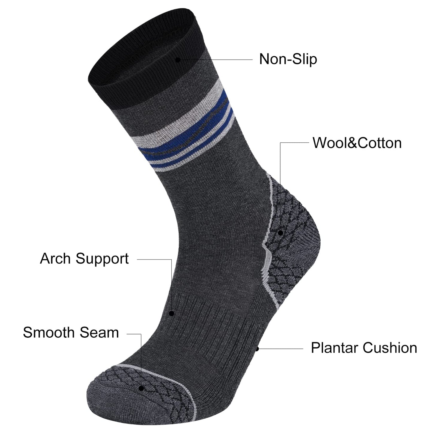CS CELERSPORT 4 Pack Men's Merino Wool Hiking Socks with Cushion Warm Winter Thermal Boot Crew Socks, Dark Grey, X-Large