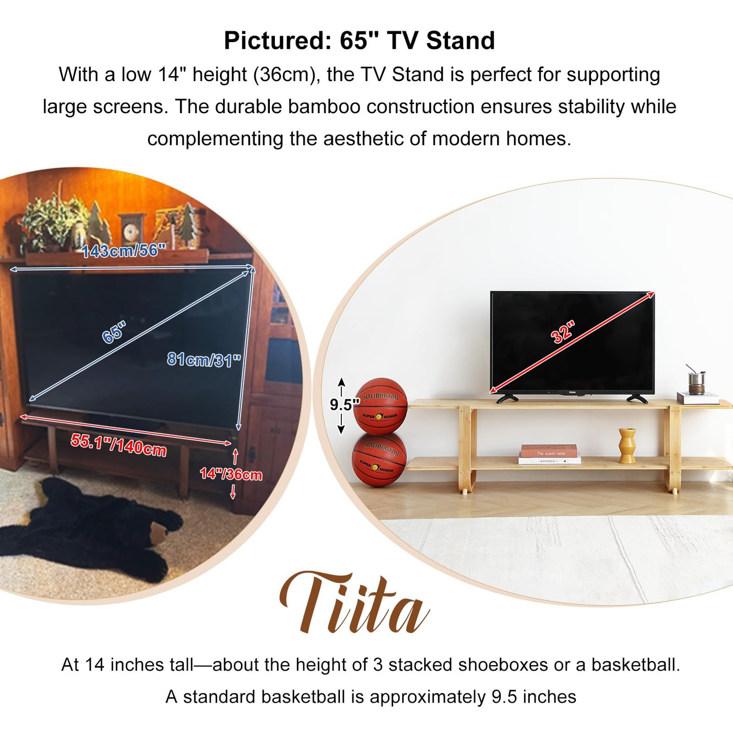 Tiita TV Stand with Storage for TVs up to 65'', Bamboo TV Console Entertainment Center with 2 Open Shelf, Mid Century Modern Media Console for Living Room, Bedroom, Walnut