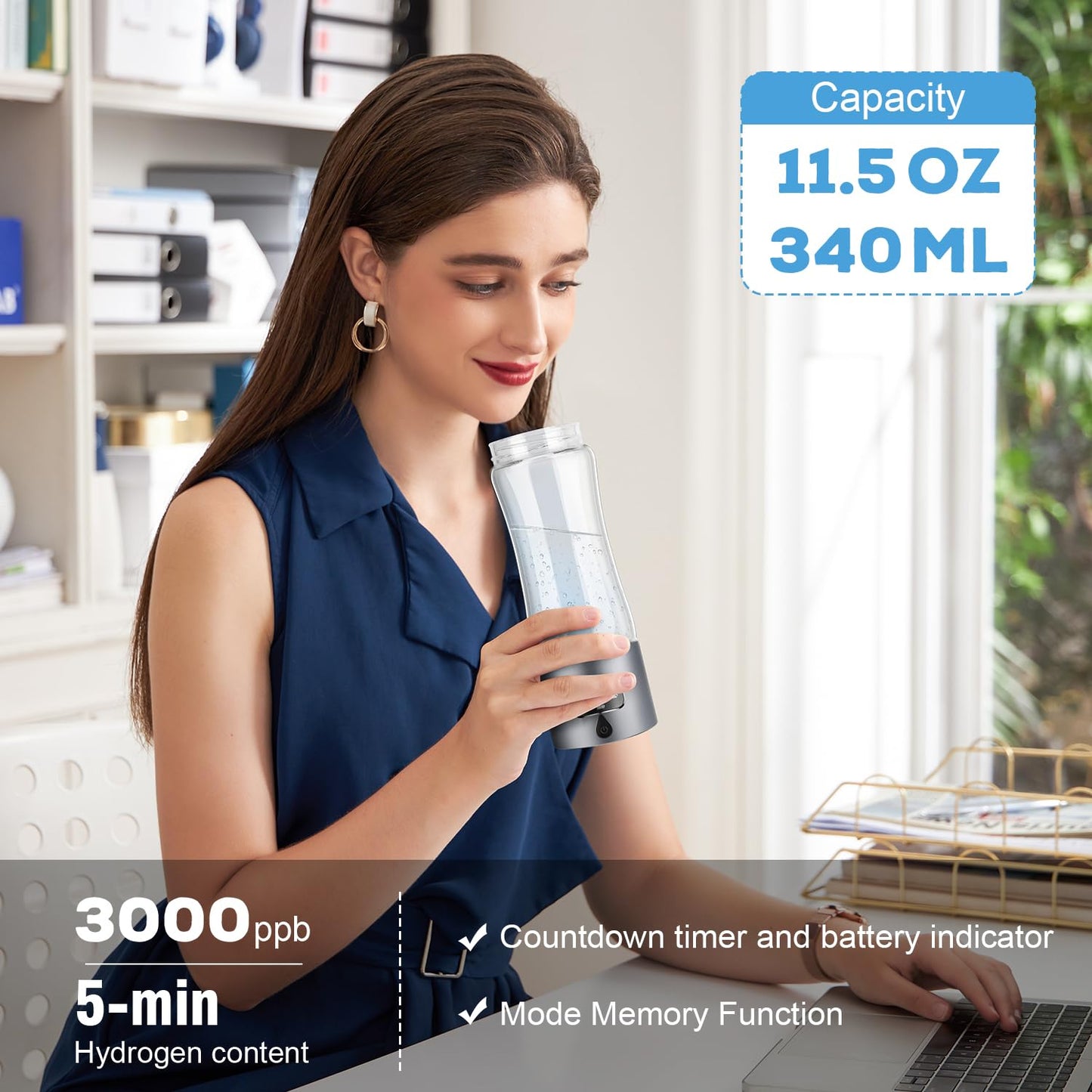 Hydrogen Water Bottle, Healthy Hydrogen Water Generator with Latest SPE PEM Technology, Hydrogen Water Ionizer Machine,Separates Hydrogen and Oxygen, Gift for Home,Travel, Sports (Grey, 9.05*Φ2.63in)