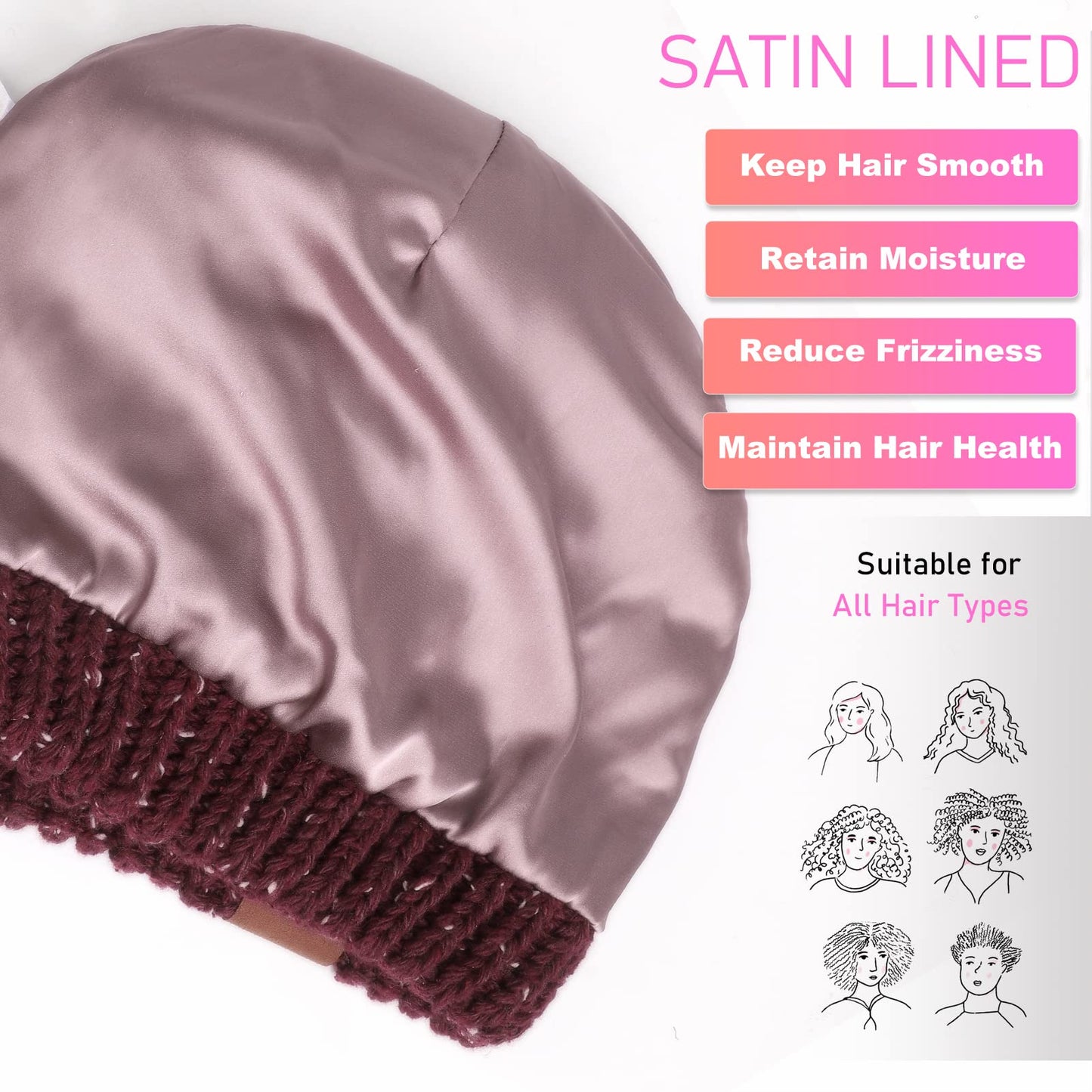 Winter Satin Lined Beanie Hats for Women Men Warm Oversized Slouchy Knitted Skull Cap with Satin Silk Lining for Natural Hair