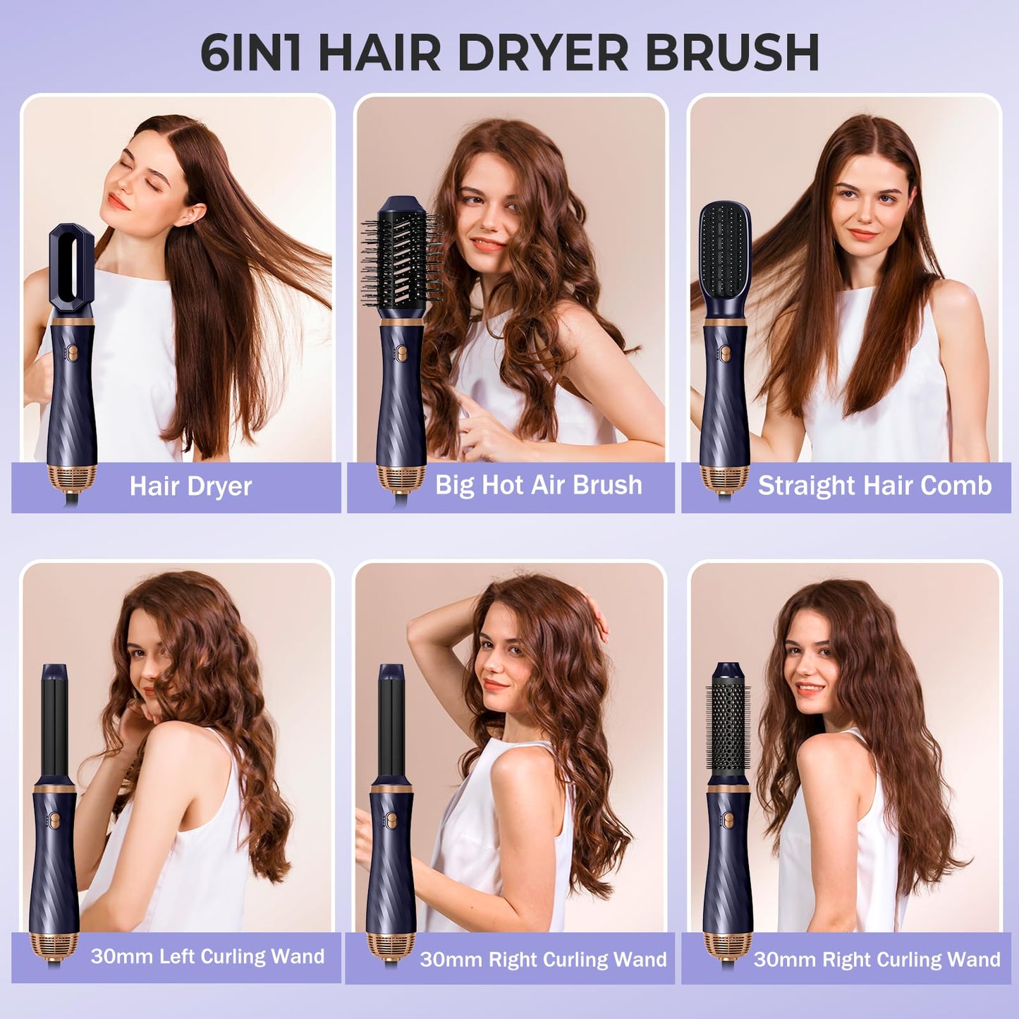 6 in 1 Blow Dryer Brush,Detachable Hair Dryer Brush Air Curler Air Styler Wrap,Curly Twist Hot Air BrushCurling Iron Brush,Blow Dryer Hot Brush Styler