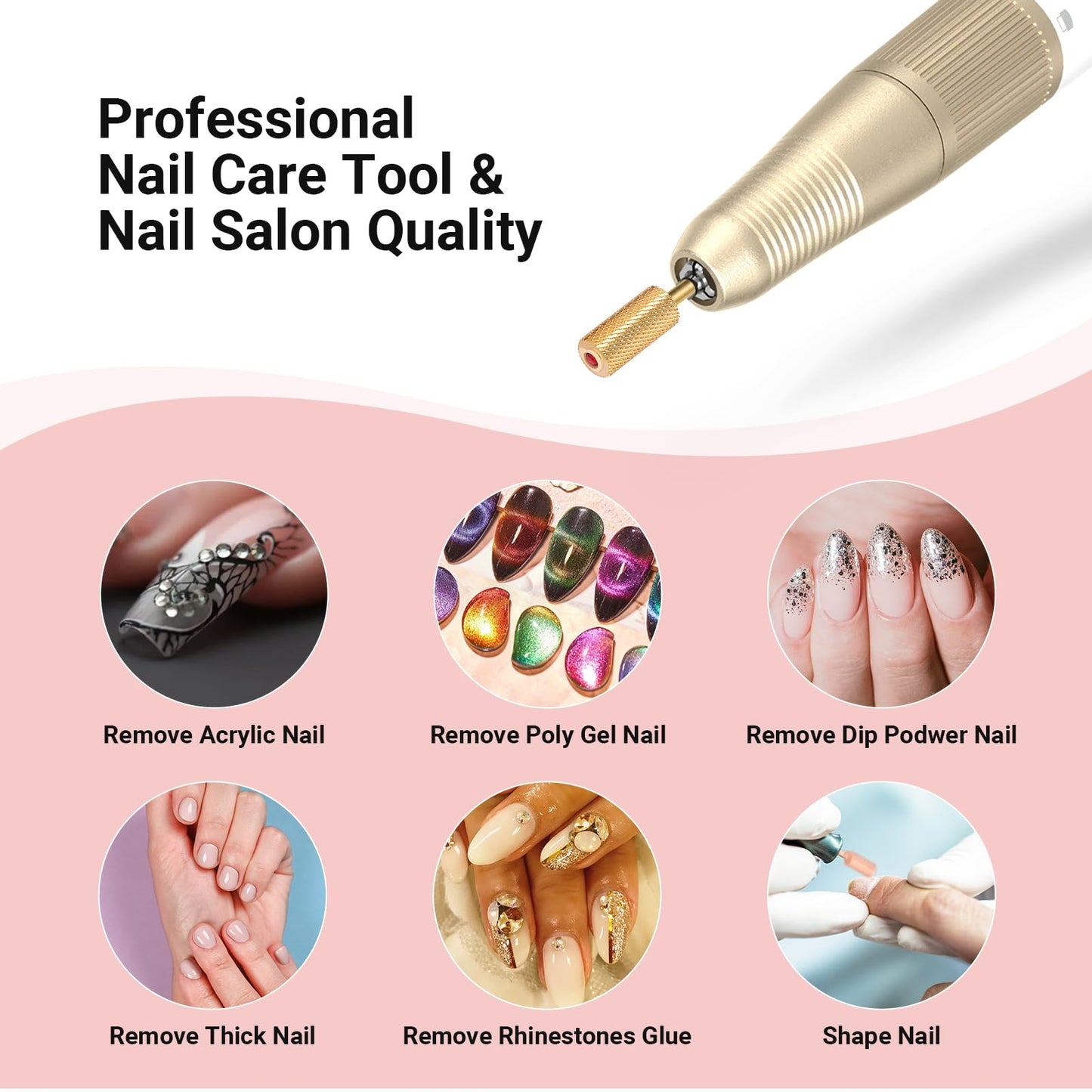 MelodySusie Crystal Top Red Heart Shape Nail Drill Bits, 3/32'' Large Barrel Carbide Bits, Suitable for Manicure Pedicure Cuticle Gel Polishing, Beginners Bits, Gold, Series Bit-S, Medium