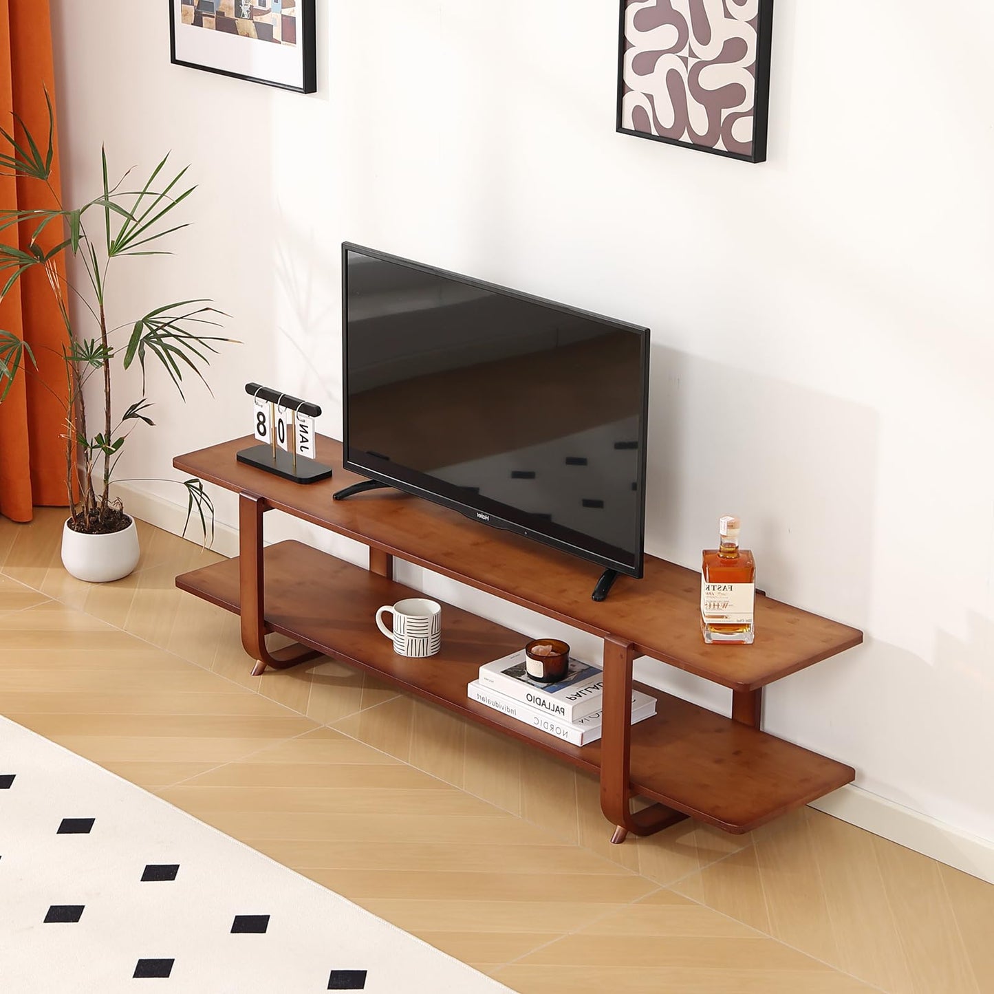 Tiita TV Stand with Storage for TVs up to 65'', Bamboo TV Console Entertainment Center with 2 Open Shelf, Mid Century Modern Media Console for Living Room, Bedroom, Walnut