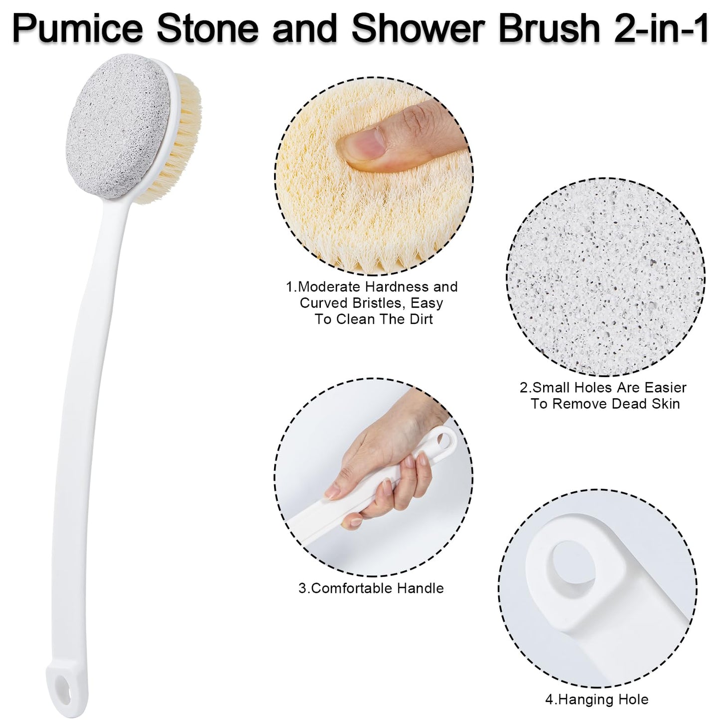 Beomeen Pumice Stone and Shower Brush with Long Handle, 2 Pack Hard Skin Callus Remover, 2 in 1 Foot Scrubber, Back Scrubber for Shower Deep Cleansing and Exfoliating, Dry Brushing Body Brush (Curved)