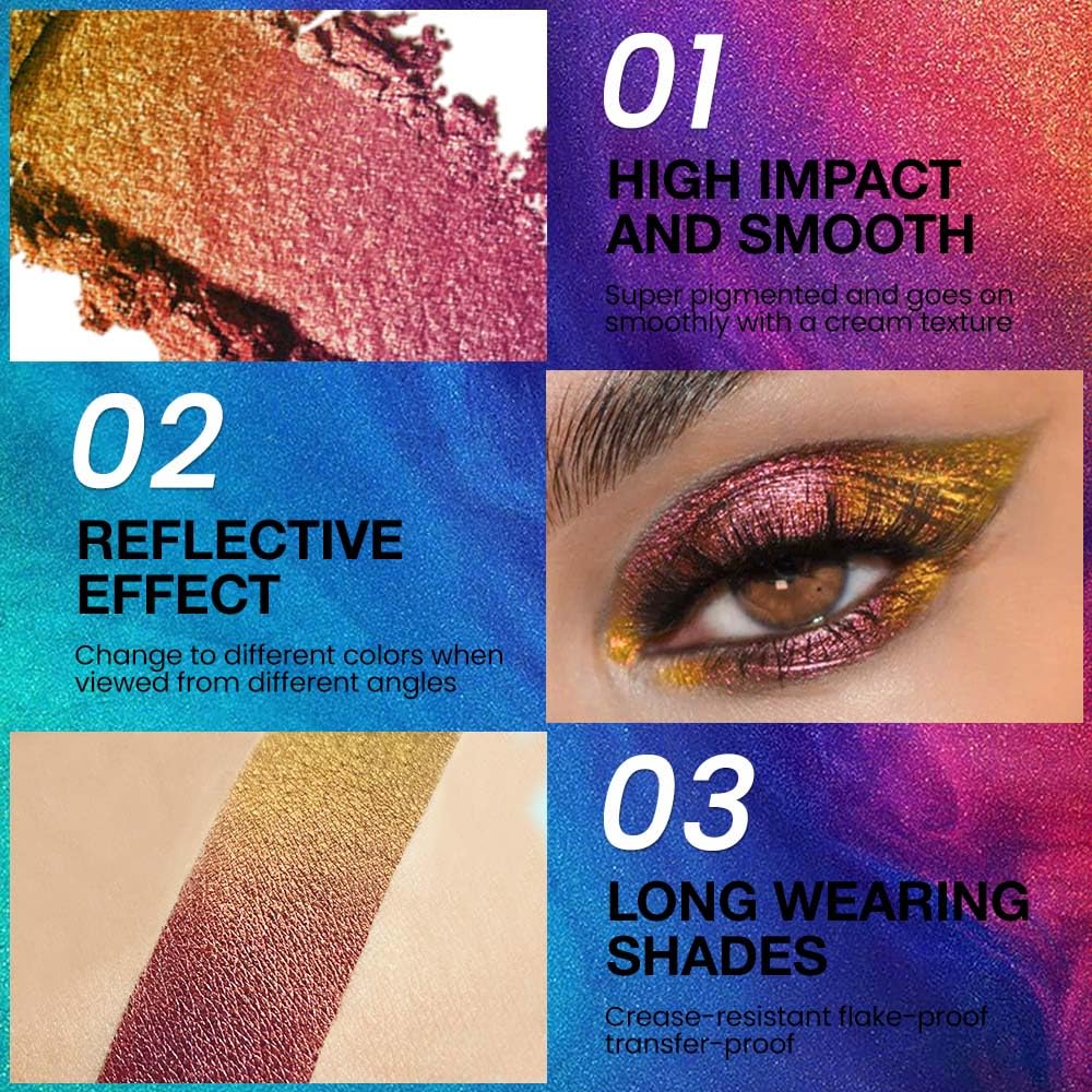 evpct 2Pcs Duochrome MultiChrome Chameleon Eyeshadow Palette Set, Rose Gold Wine Red Purple Silky Smooth Pigmented Shimmer Metallic Holographic Glitter Eyeshadow Mermaid Makeup Pallet Set, 2g, 01+06
