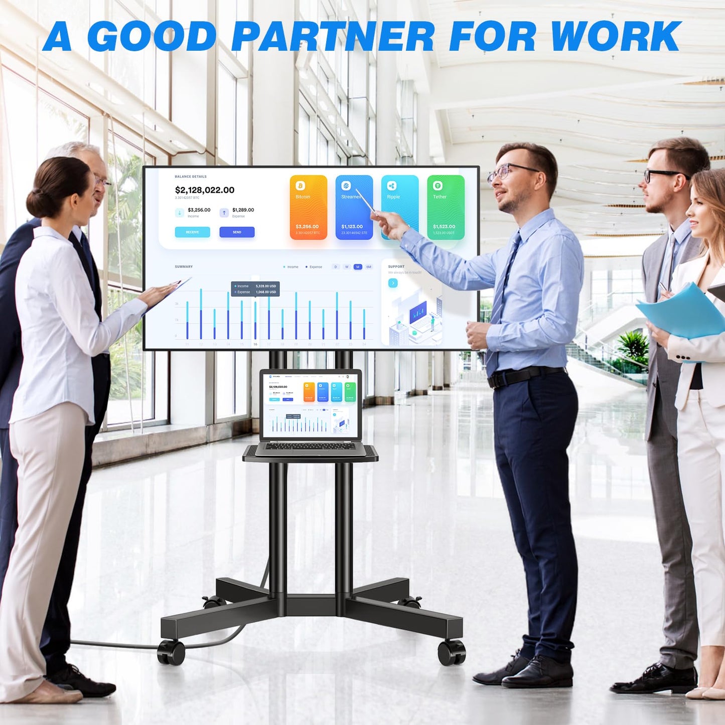 Rfiver Mobile TV Cart Rolling TV Stand with Power Outlet for 32-75 Inch Screens, Portable TV Stand on Wheels with Height Adjustment, Outdoor TV Mount Stand with Shelf Holds up to 88lbs for Home Office