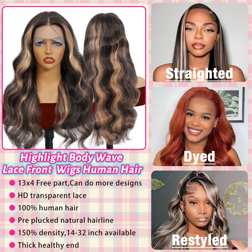 MUGOHK Highlight Lace Front Wig Human Hair 10 Inch Balayage Body Wave Bob 13x4 HD Lace Closure Wigs Pre Plucked with Baby Hair #1b27 Short Black and Blonde Ombre Human Hair Wig 150 Density for Women