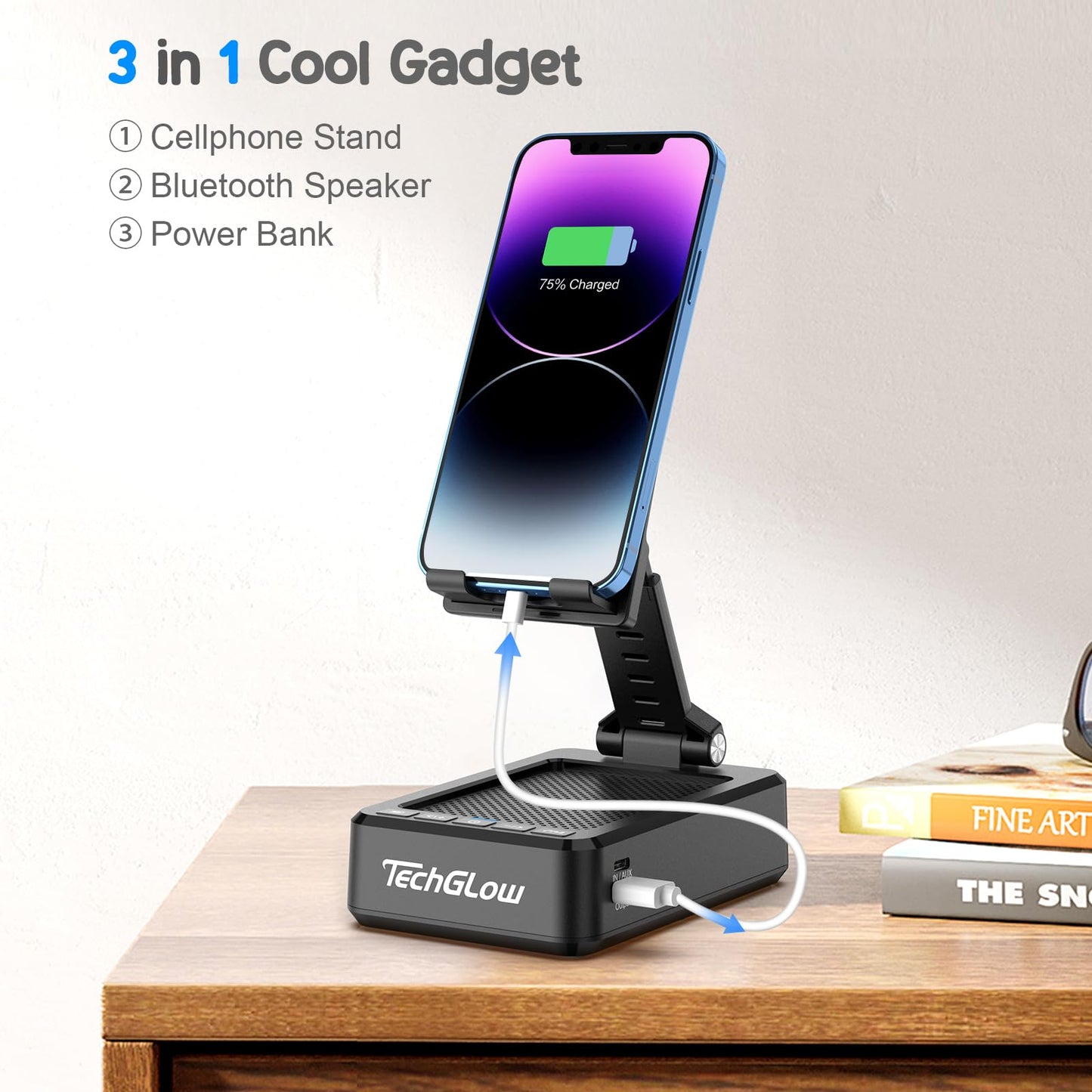 TechGlow Foldable Cellphone Stand with Bluetooth Speaker and Power Bank Birthday Gifts for Men Women Mother Father Boy Girl Teens Cool Tech Gadgets